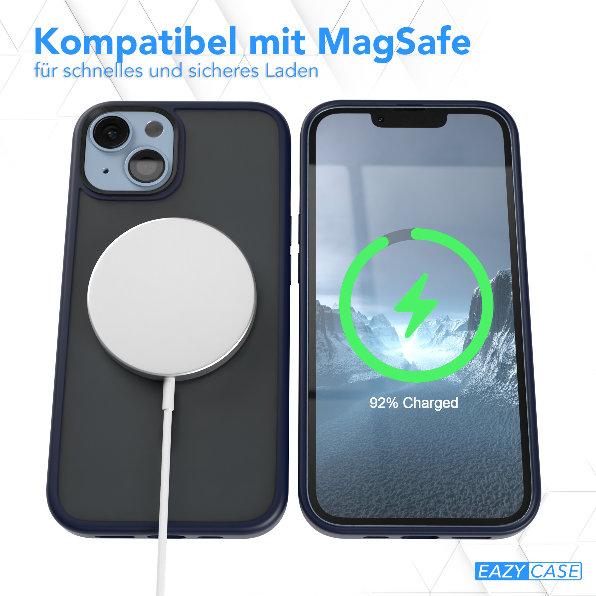 Telefon auf Ladepad. Text: Kompatibel mit MagSafe. Bildschirm zeigt Blitz und 92 % geladen. Blaue Handyhülle.
