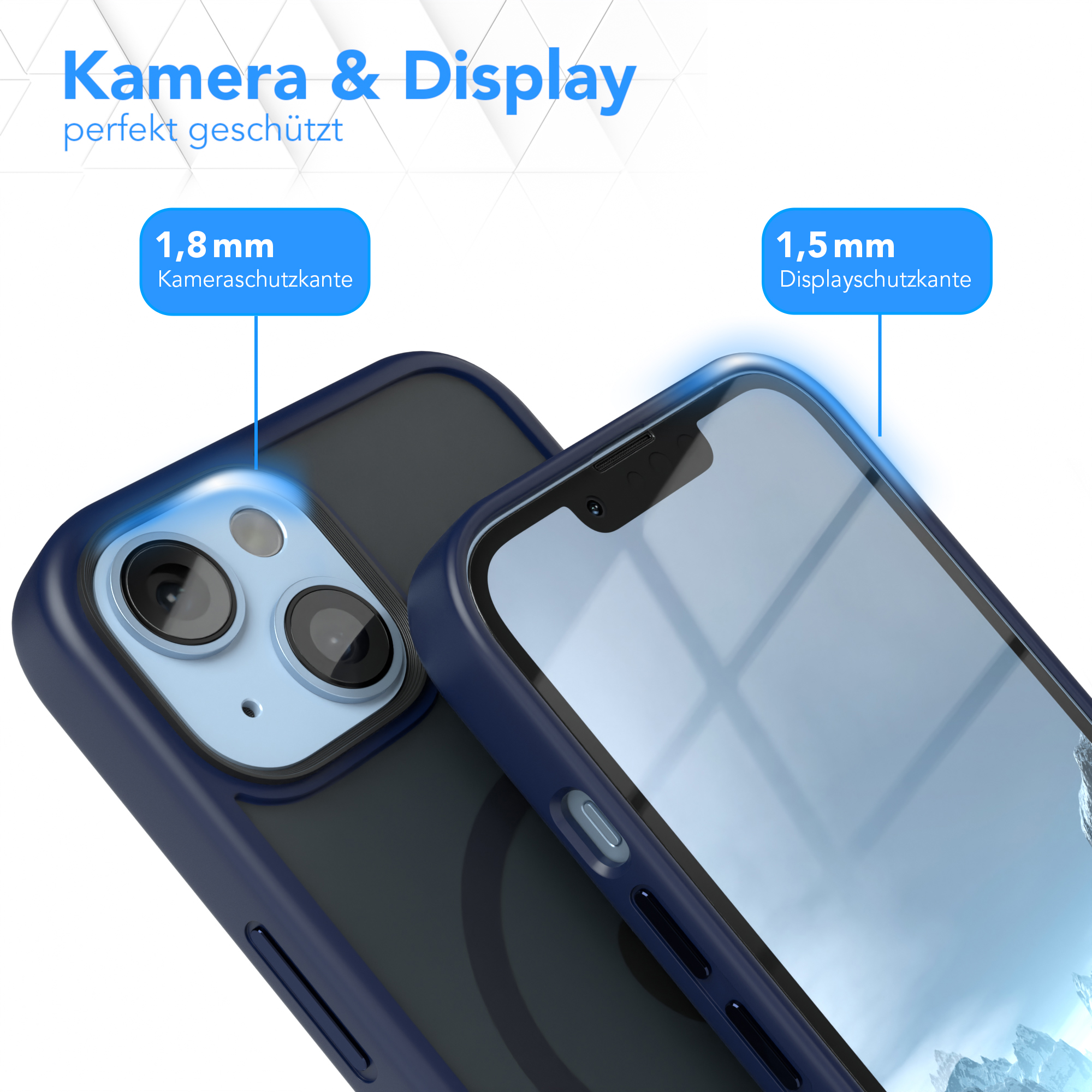 Handyhülle um ein Telefon, Nahaufnahme. Zeigt das Display und die Details des Kameraschutzes.