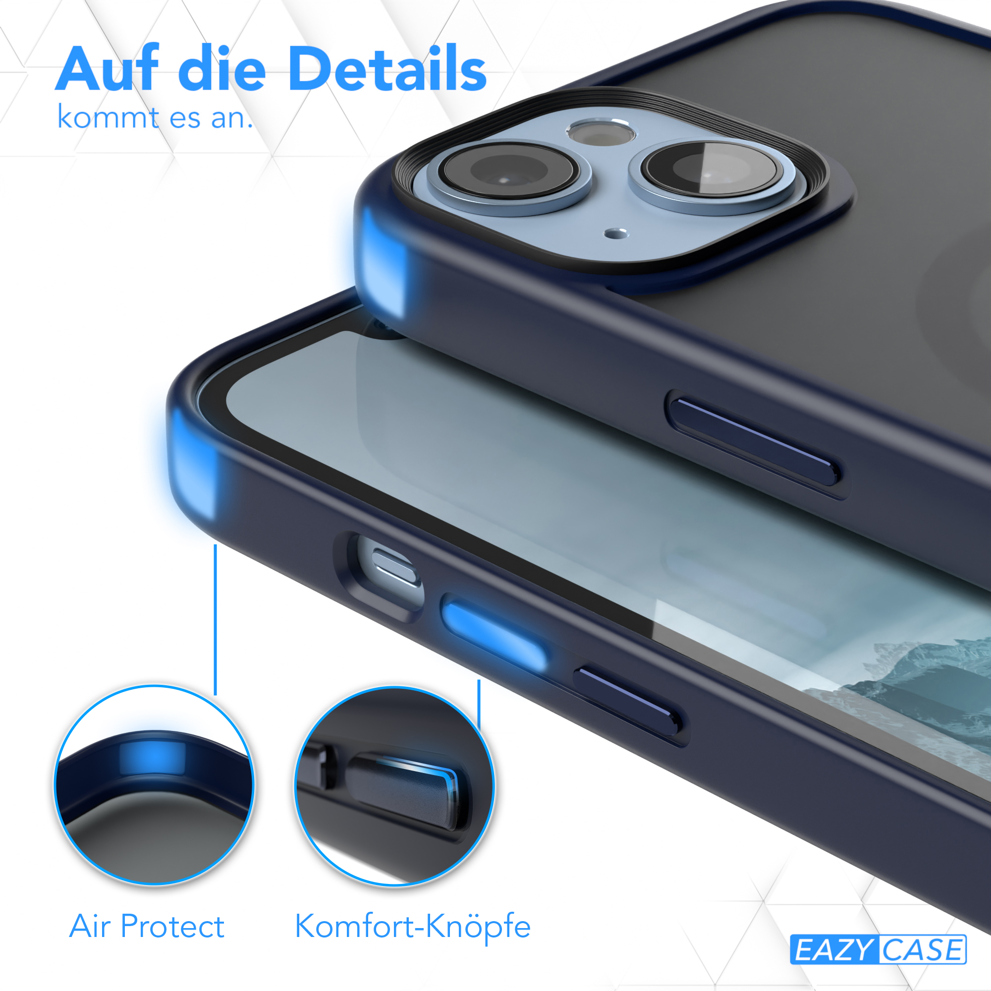 Handyhülle Details, zeigt Knopf- und Luftschutz, mit Nahaufnahme Kreisen.