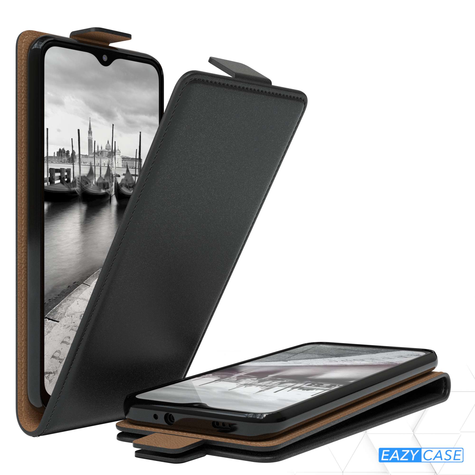 Schwarze Leder-Handyhülle mit einem Telefon darin. Die Hülle ist offen.