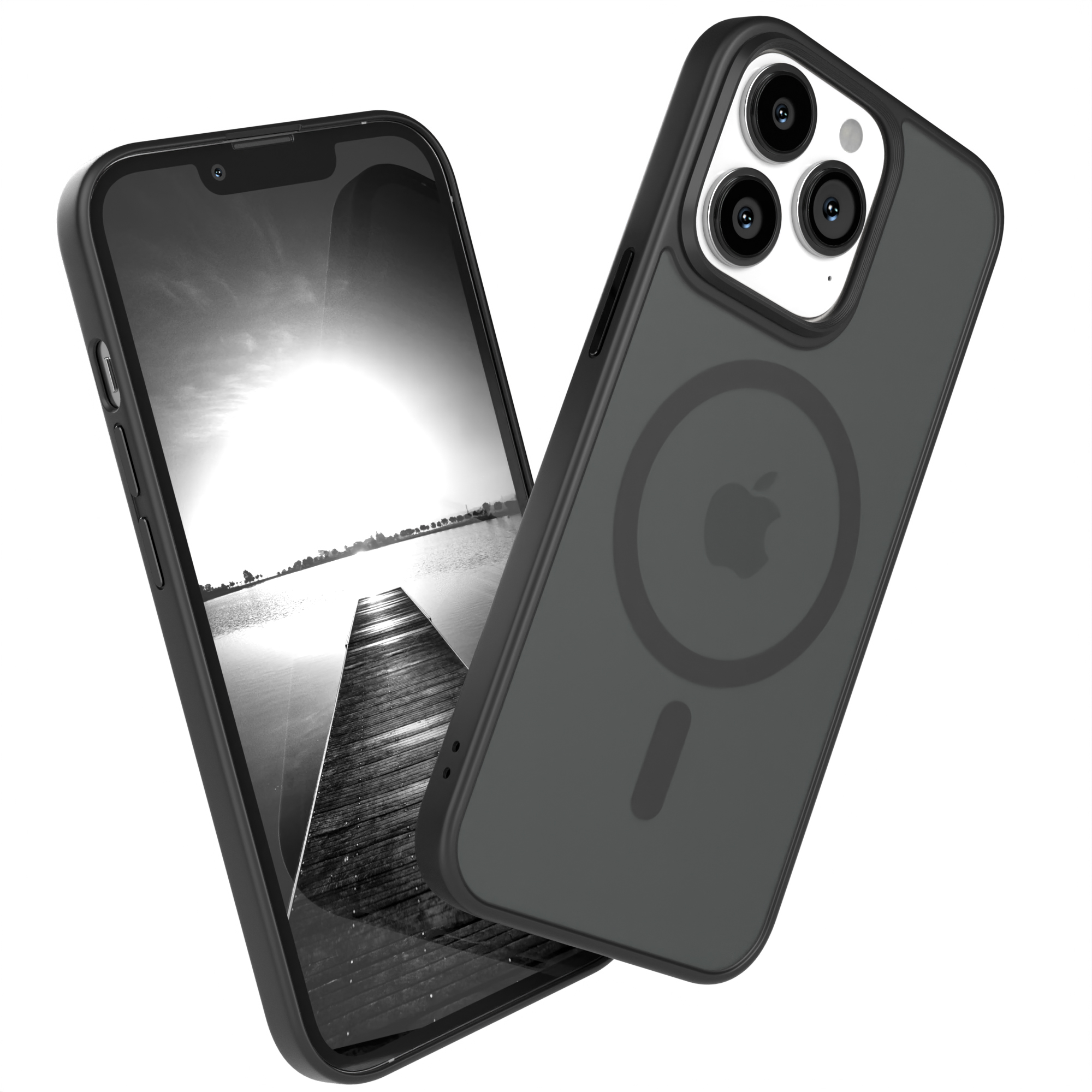 Schwarzes Telefon in einem Gehäuse, zeigt eine Dock-Szene in Schwarzweiß.