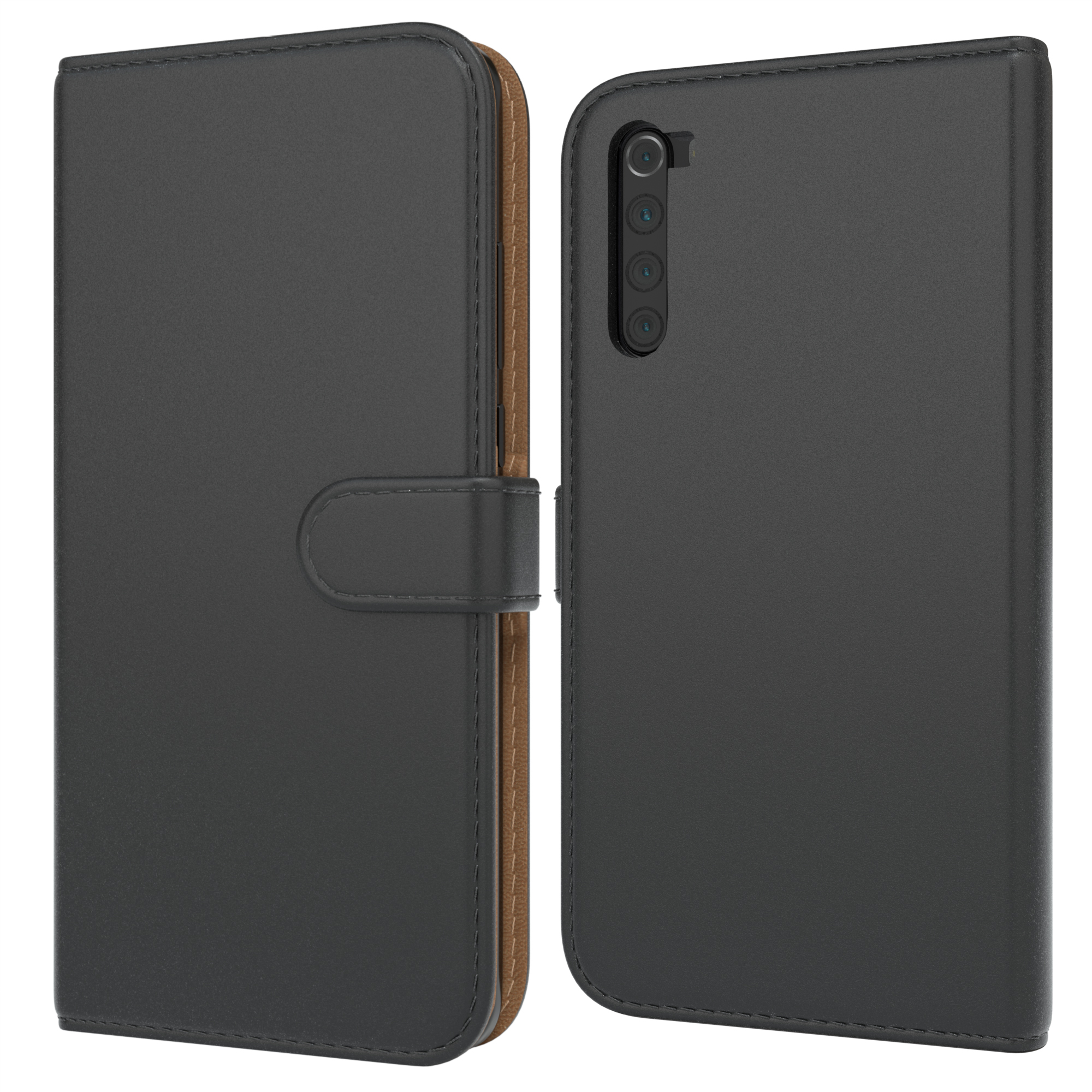 Schwarze Handyhülle offen, das Telefon wird sichtbar. Die Hülle hat einen Knopfverschluss. Braun und Schwarz sind sichtbar.
