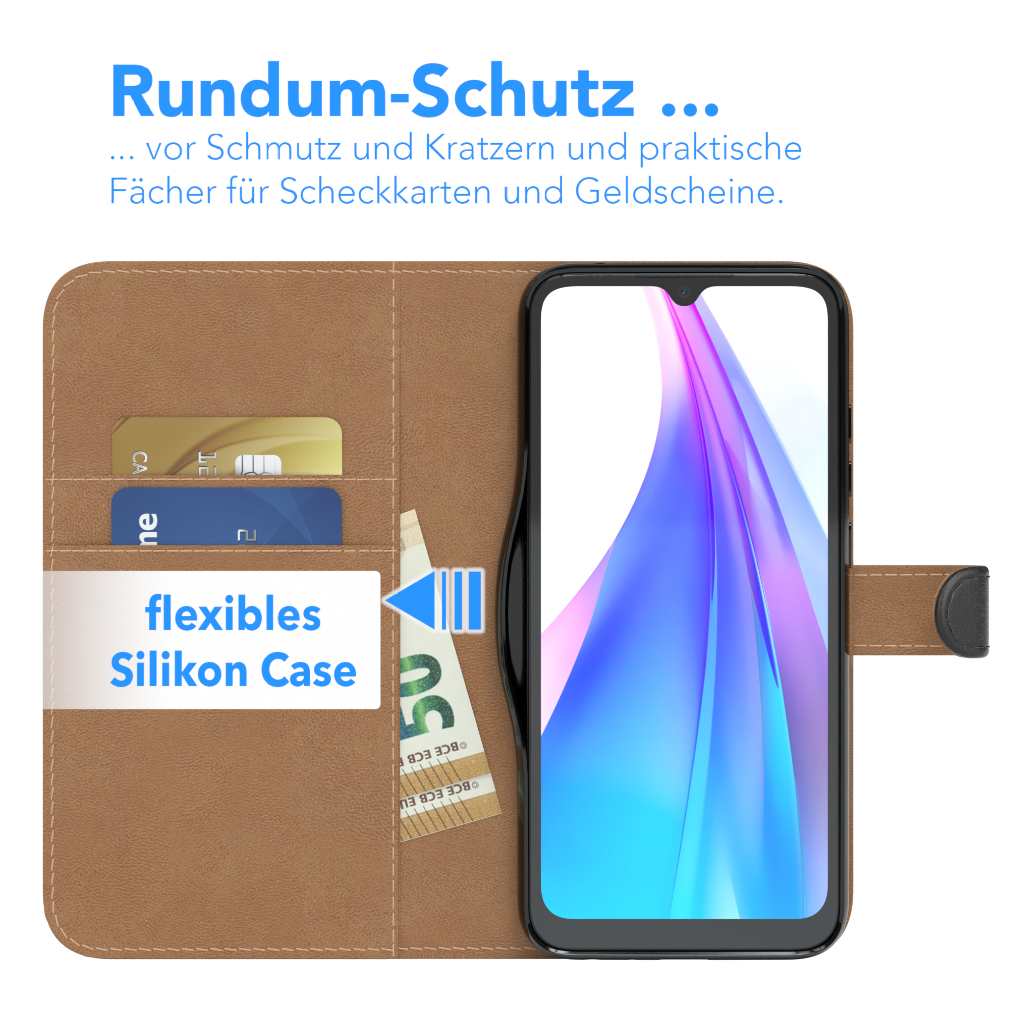 Ein Telefon in einer braunen Hülle mit Kreditkarten und Bargeld in den Taschen.