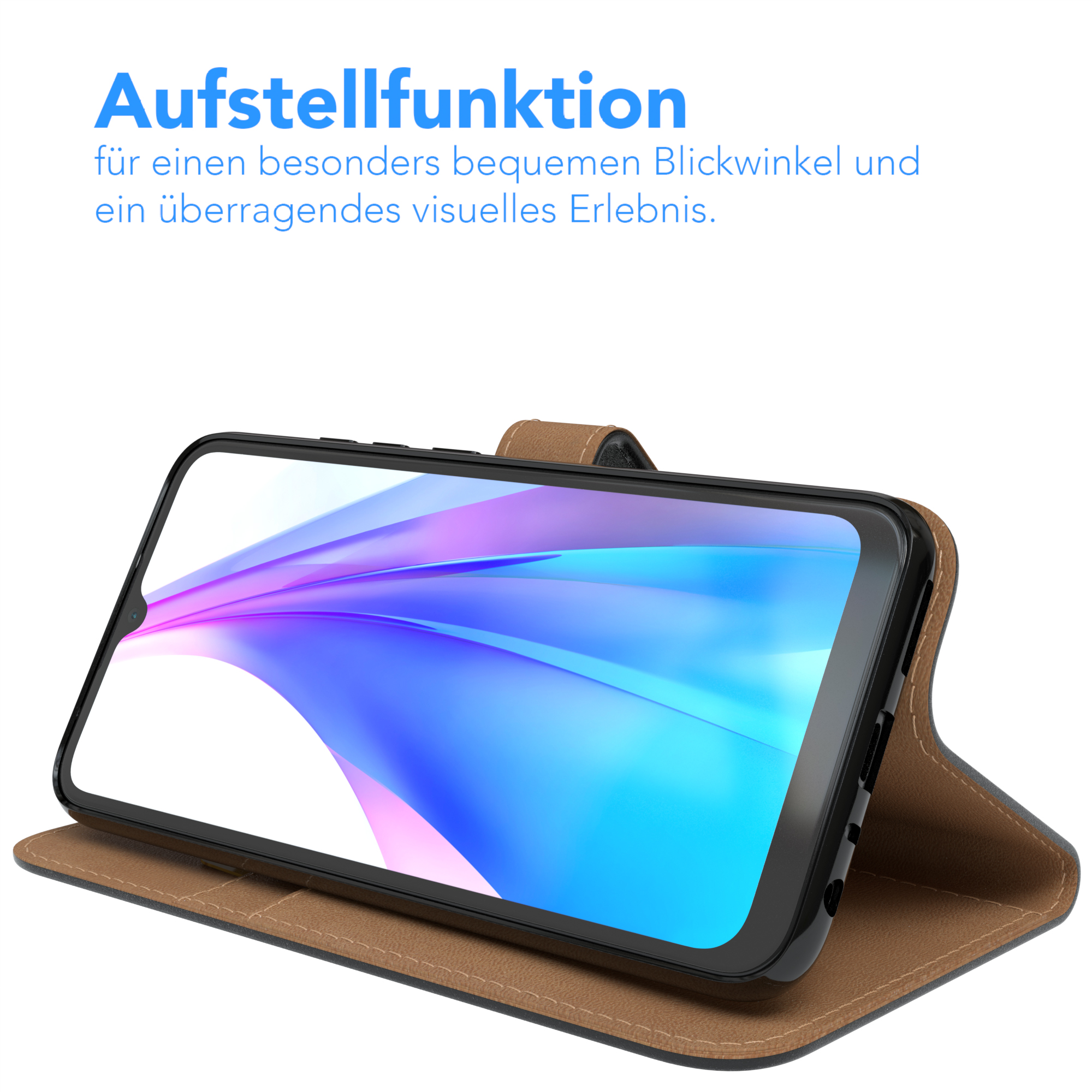 Telefon in brauner Hülle, aufgestellt. Der Bildschirm ist sichtbar. Die Hülle ist offen.