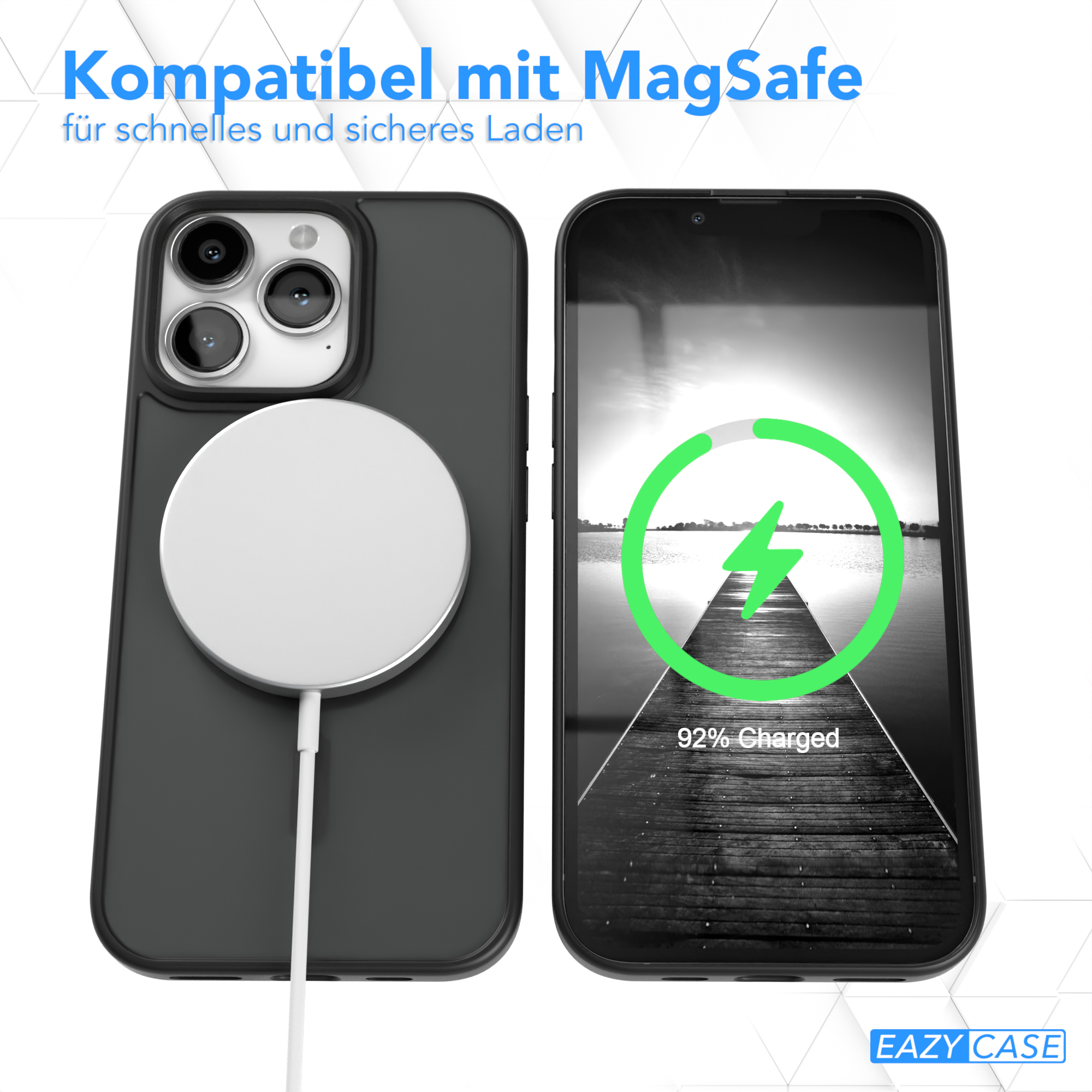 Telefon auf kabellosem Ladegerät. Ladesymbol auf dem Telefonbildschirm sichtbar. Schwarzes Case, weißes Ladegerät.