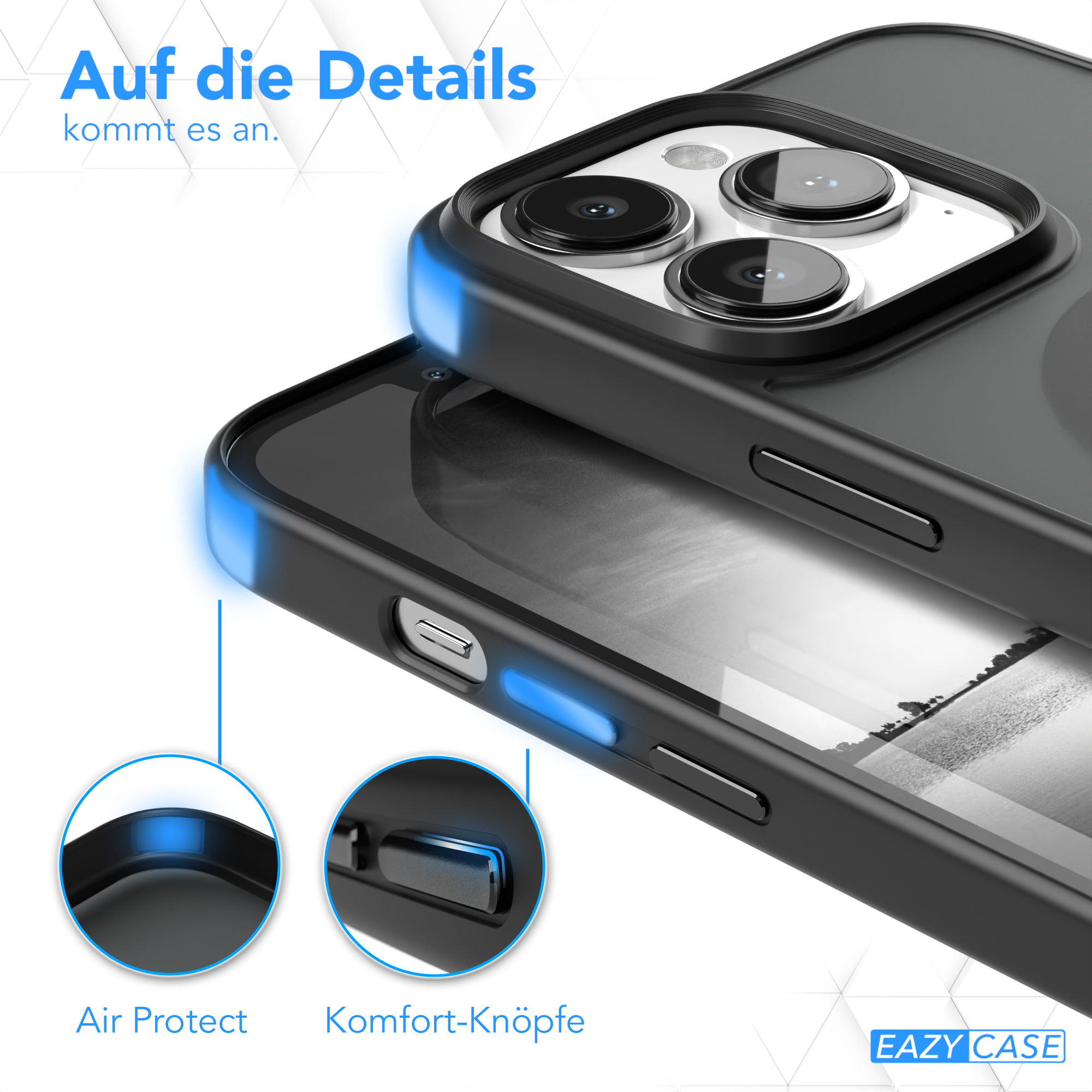 Zwei Handyhüllen, mit Text über die Details und die Funktionen.