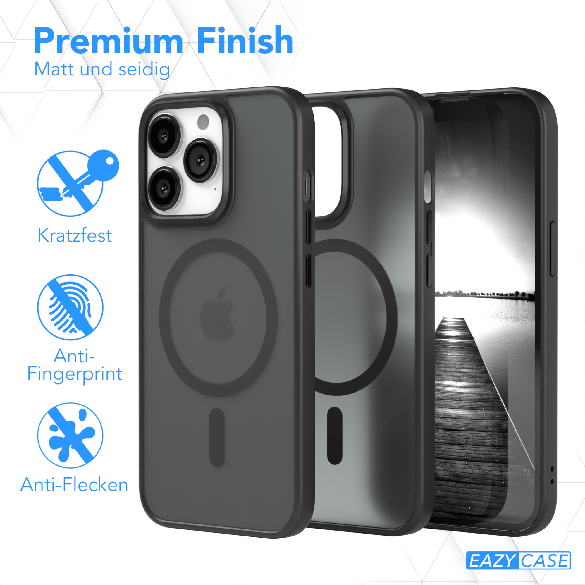 Handyhülle mit Telefon. Die Hülle ist schwarz mit dem Text 'Premium Finish' und 'Anti-Fingerprint'.
