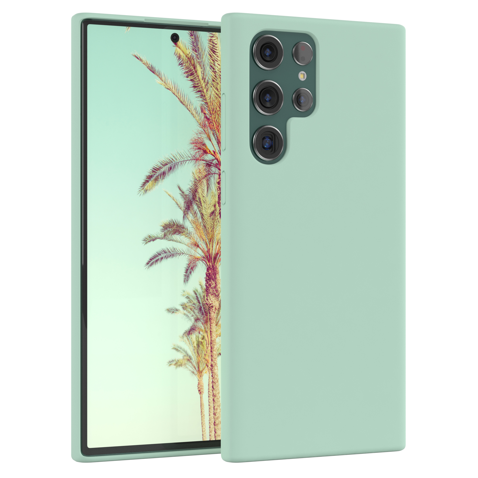 Telefon mit Palmen auf dem Bildschirm, in einer hellgrünen Hülle.