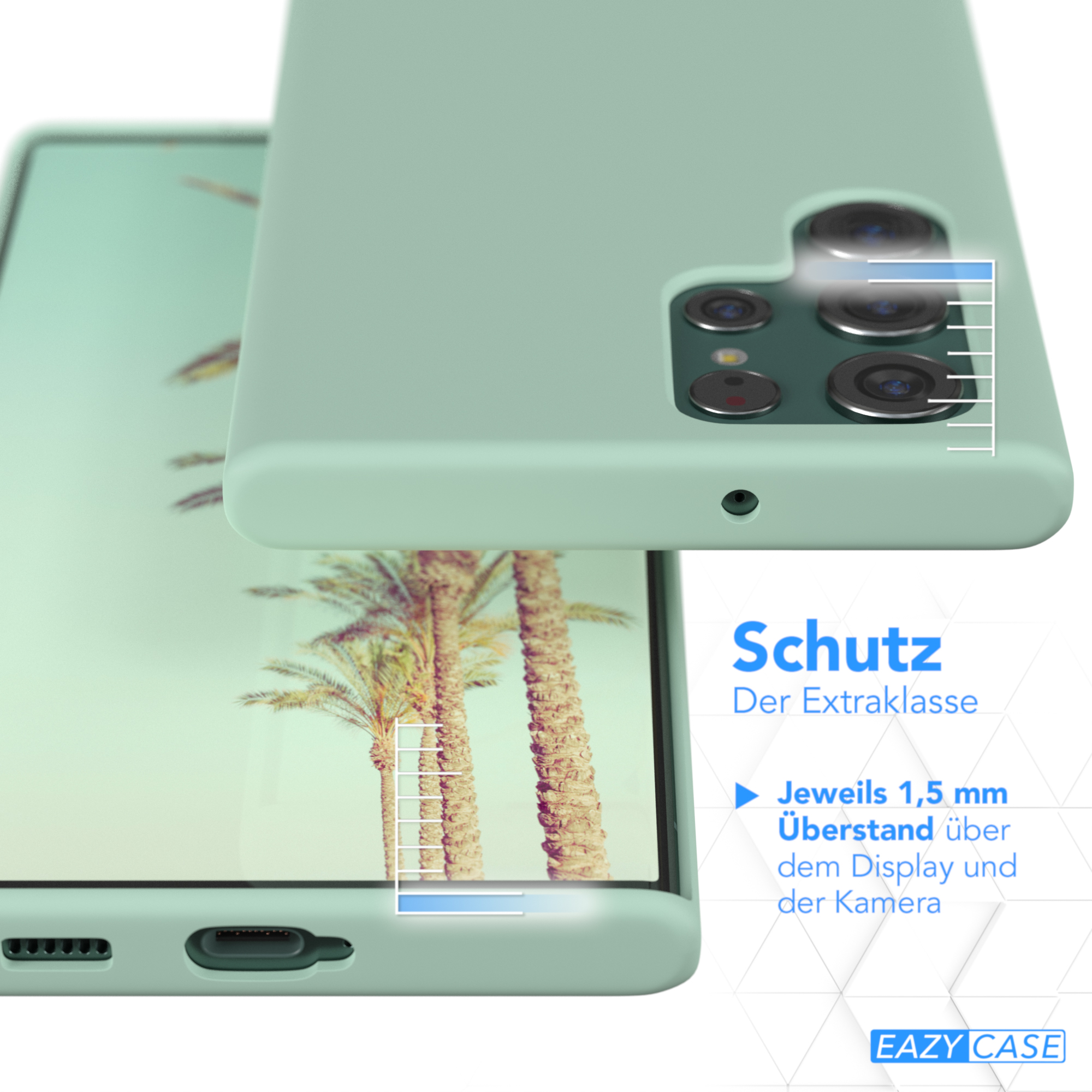 Grüne Handyhülle mit Telefon und Bildschirm. Eine weitere Hülle ist darüber. Text über Schutz.