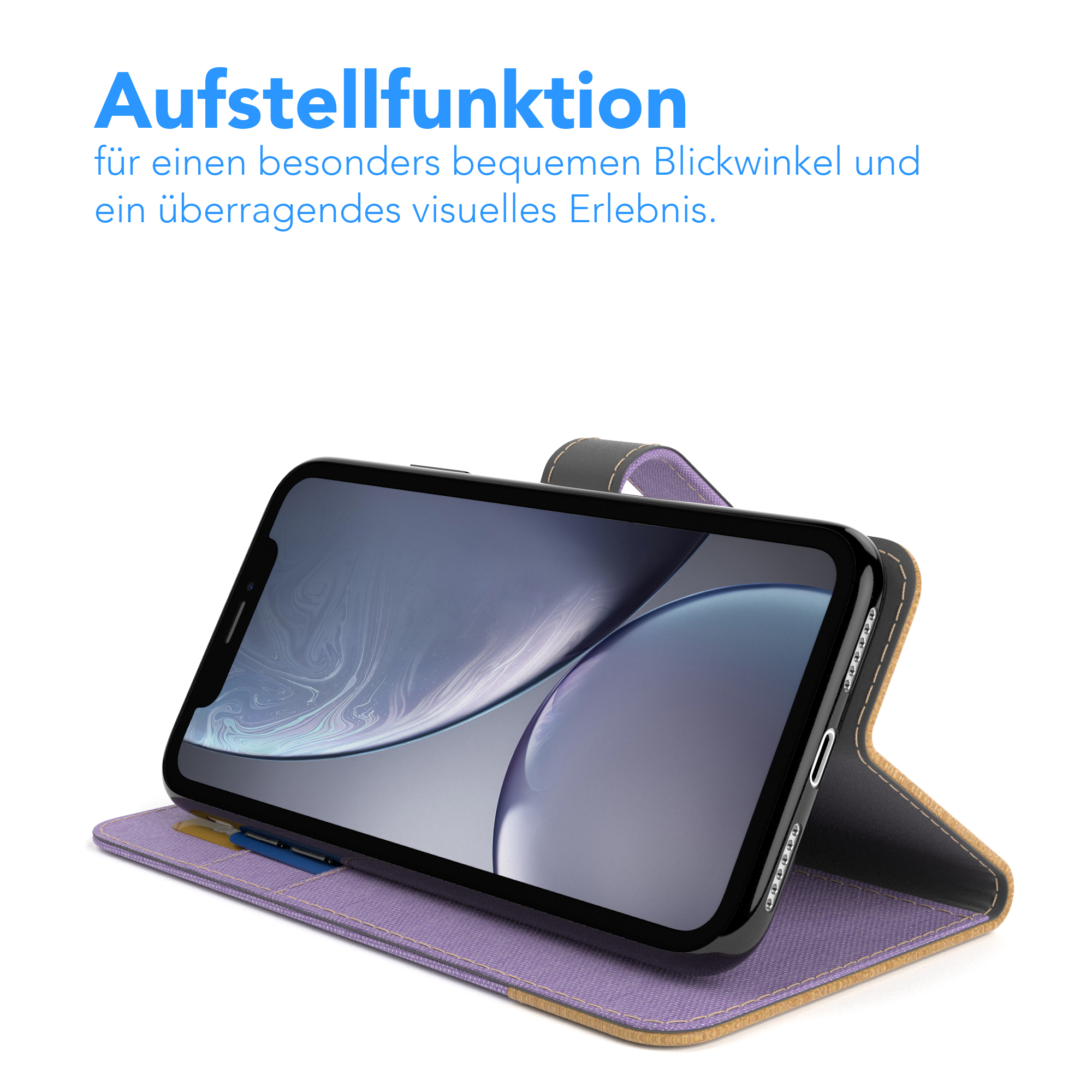 Ein Telefon in einer Hülle, hochgestellt. Text sagt 'Aufstellfunktion' und 'ein überragendes visuelles Erlebnis'.