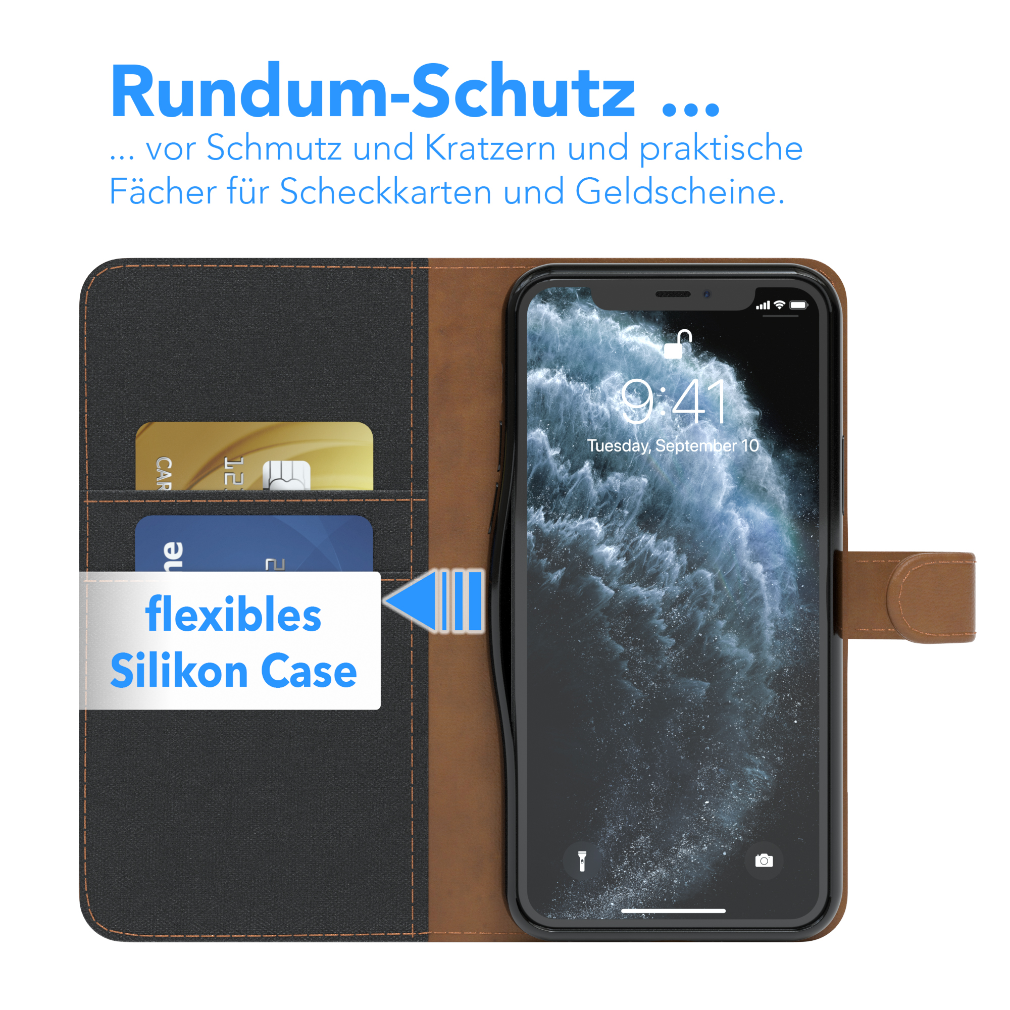 Handyhülle mit Karten und Handy. Text: Schutz und Fächer für Karten.