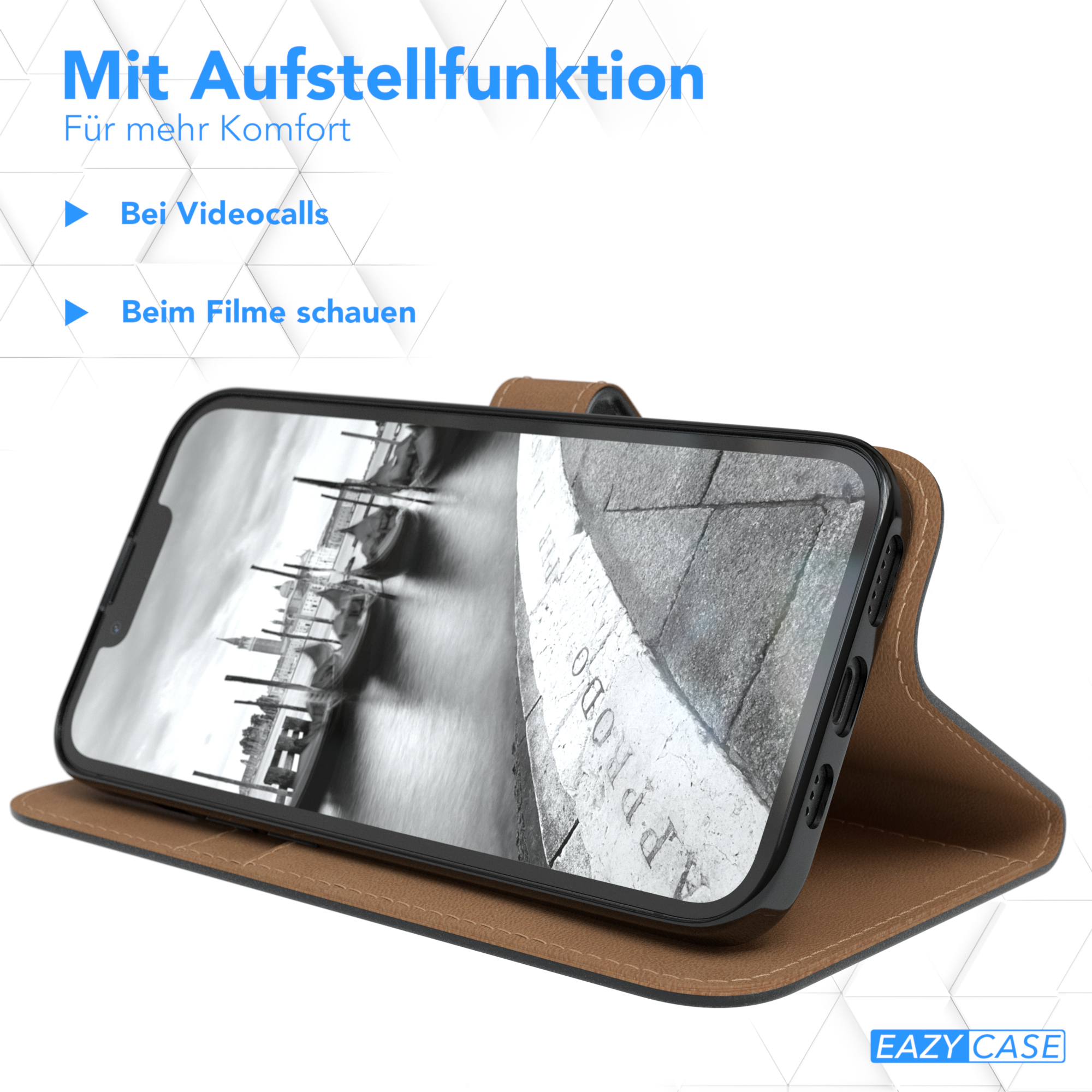 Telefon in brauner Hülle, Bildschirm zeigt Stadt. Text: Mit Aufstellfunktion.