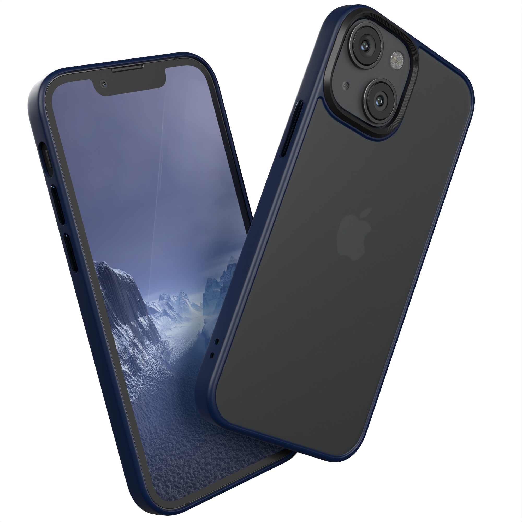Ein iPhone mit blauer Hülle, zeigt eine schneebedeckte Berglandschaft. Die Hülle ist daneben.