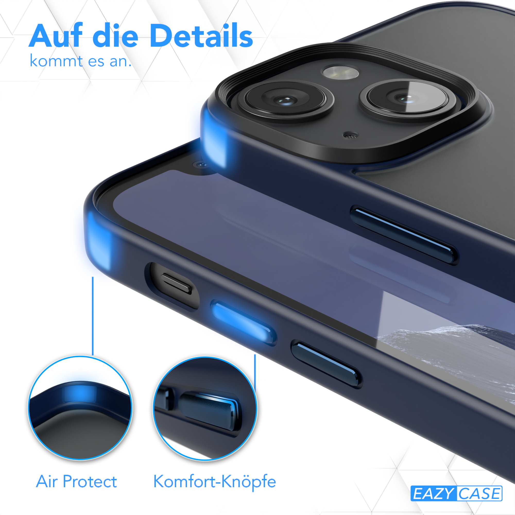 Handyhülle Nahaufnahme, Details hervorgehoben. Text: Air Protect und Komfort-Tasten. Blaue Akzente.
