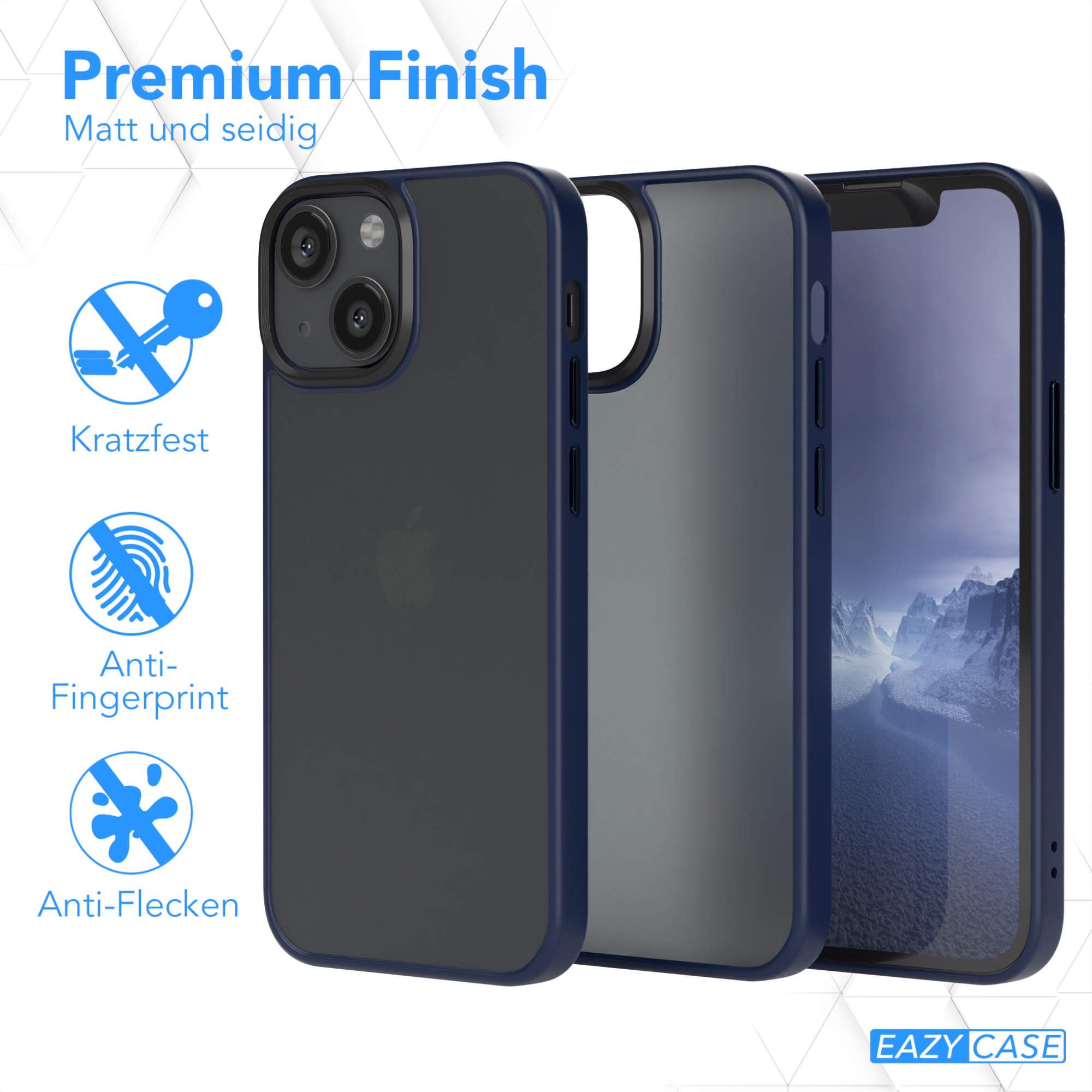 Drei Handyhüllen. Eine ist schwarz, eine grau und eine auf einem Telefon. Premium-Finish, kratzfest.