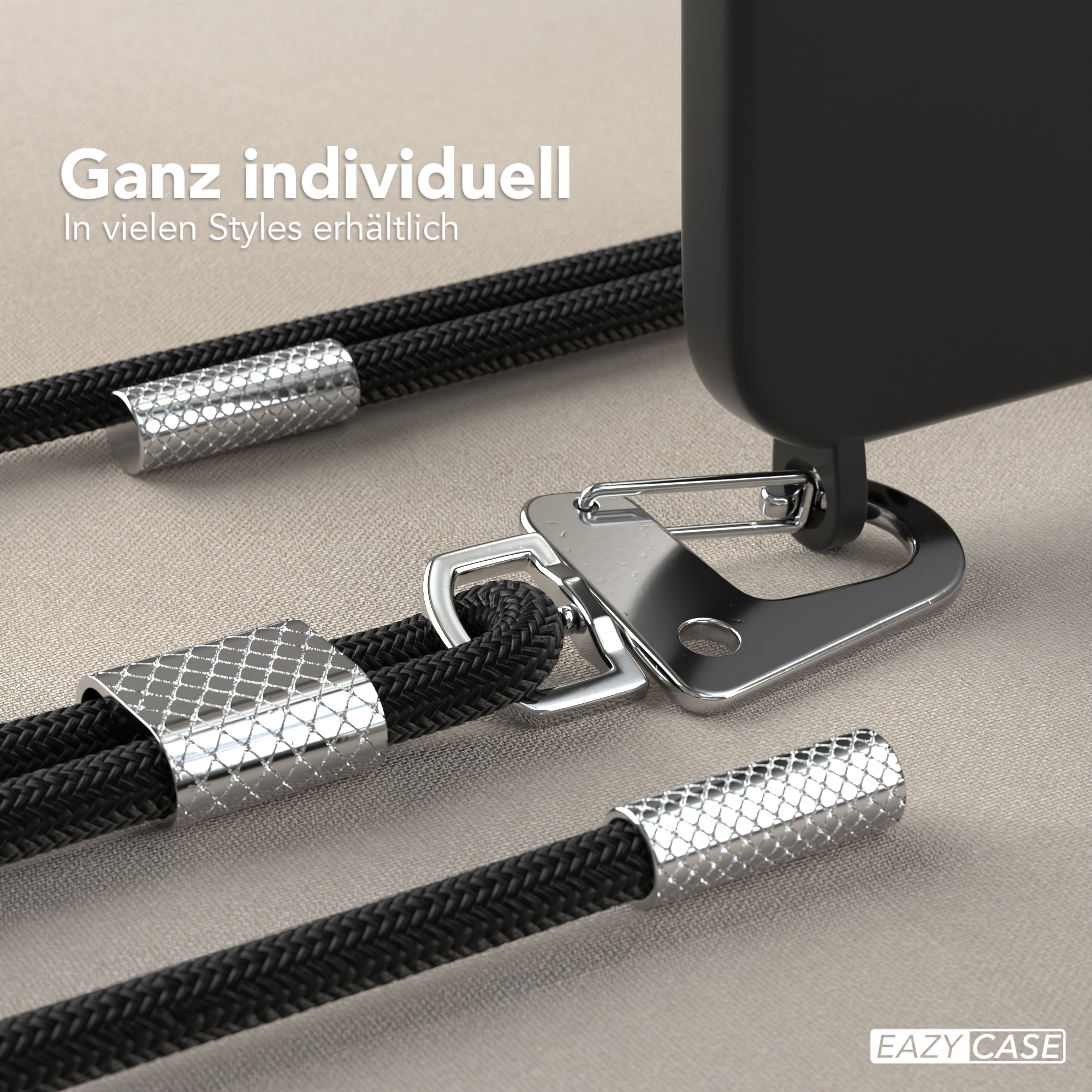 Schwarze Handyhülle mit schwarzem Seilband und silberner Metallhardware.