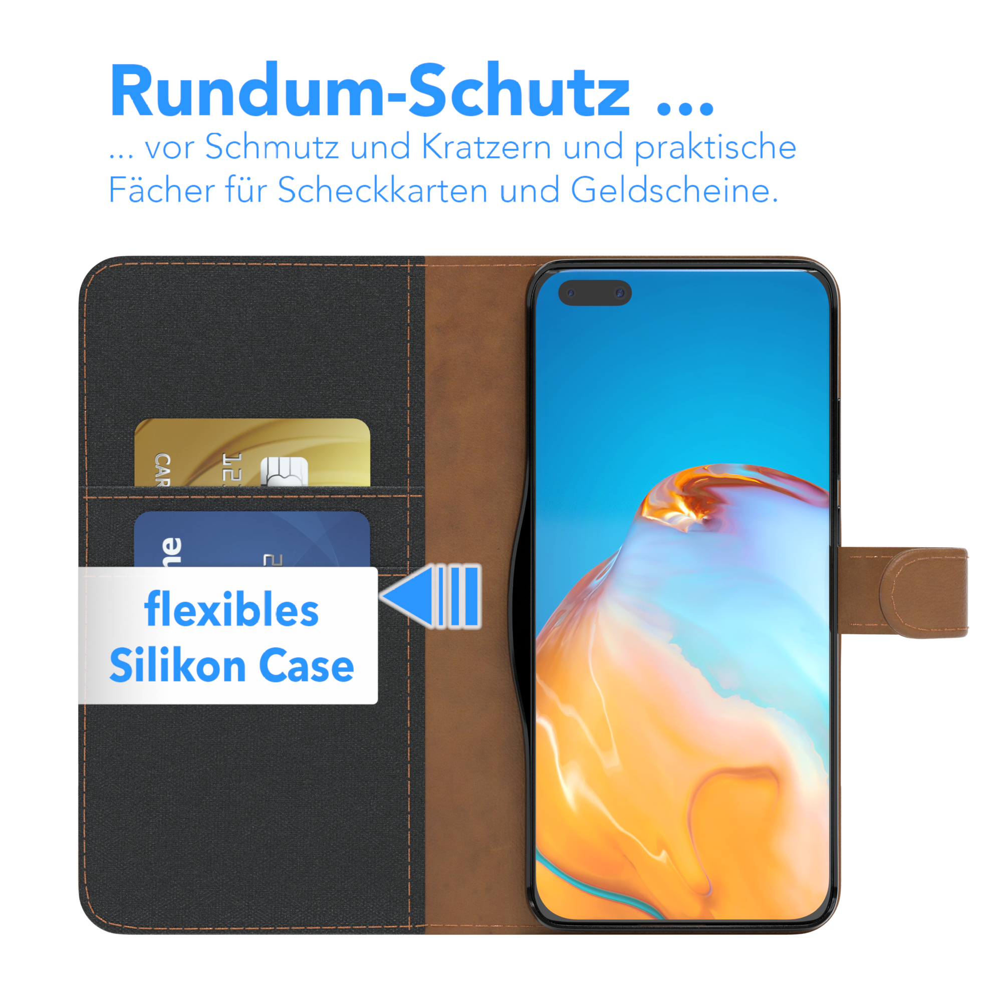 Ein Telefon in einer geschlossenen Hülle, mit Karten darin. Eine flexible Silikonhülle wird gezeigt.