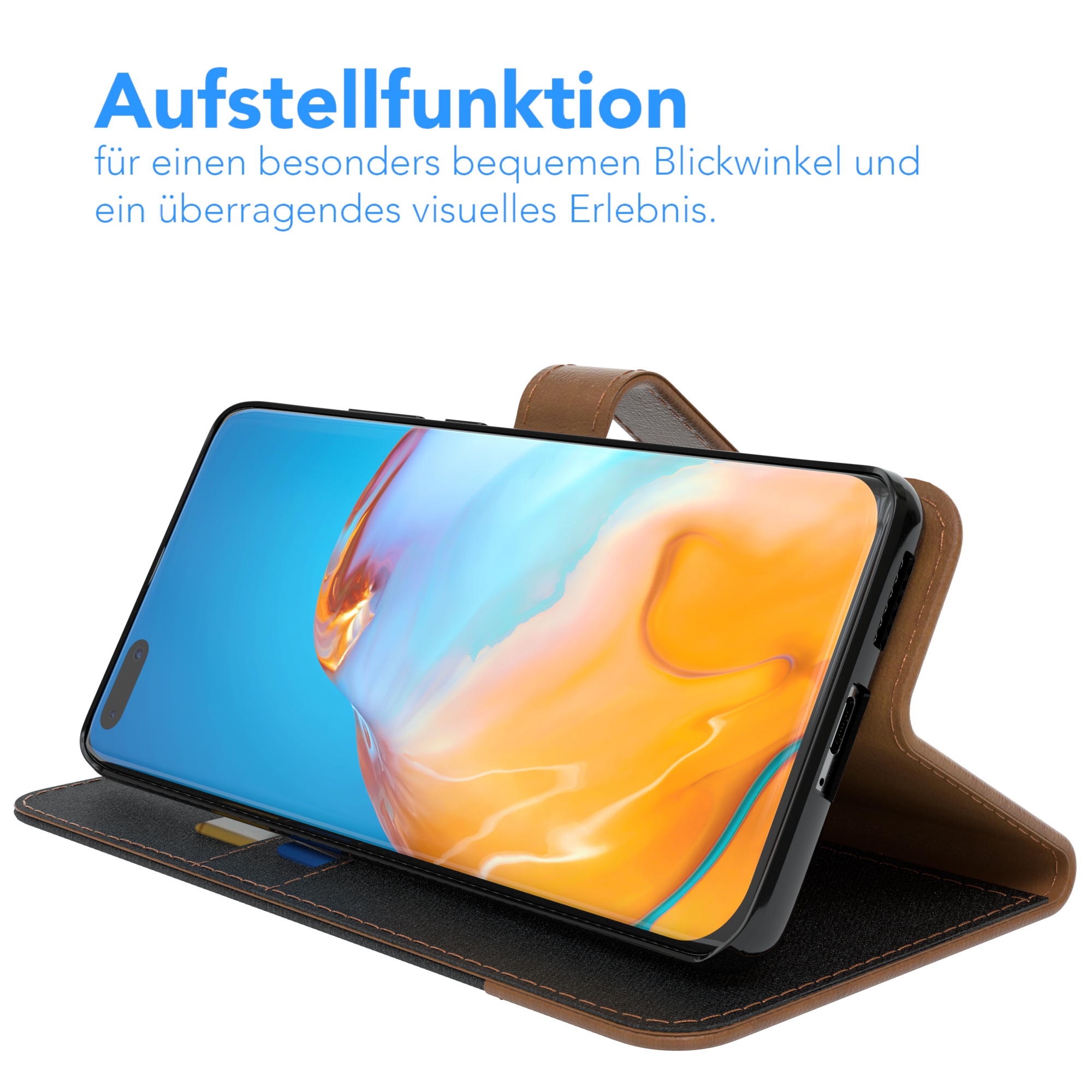 Ein Telefon in einer braunen Hülle. Das Telefon ist nach oben abgewinkelt. Es hat Text auf dem Bildschirm.