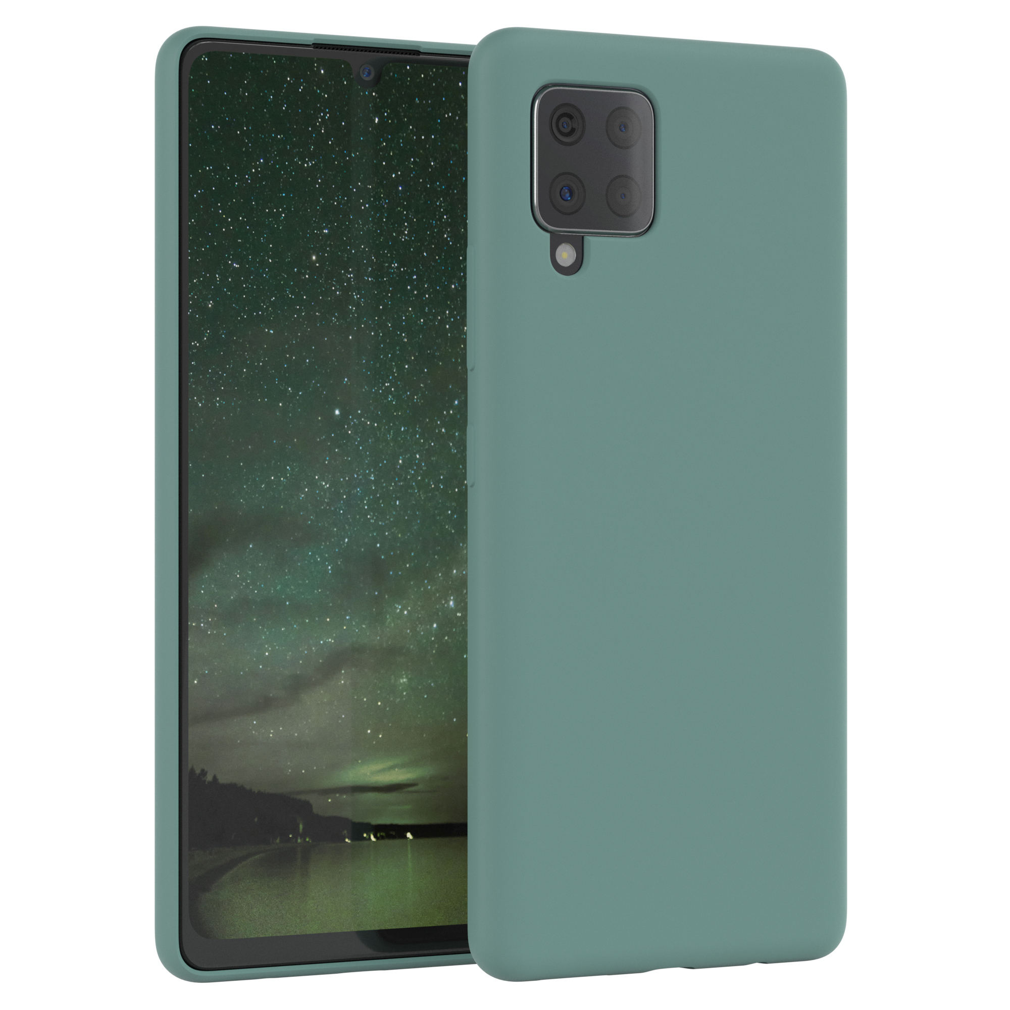 Türkis Telefon mit türkisfarbener Hülle. Der Bildschirm zeigt eine Landschaft mit einem See. Der Hintergrund ist ein Graustufenbild.