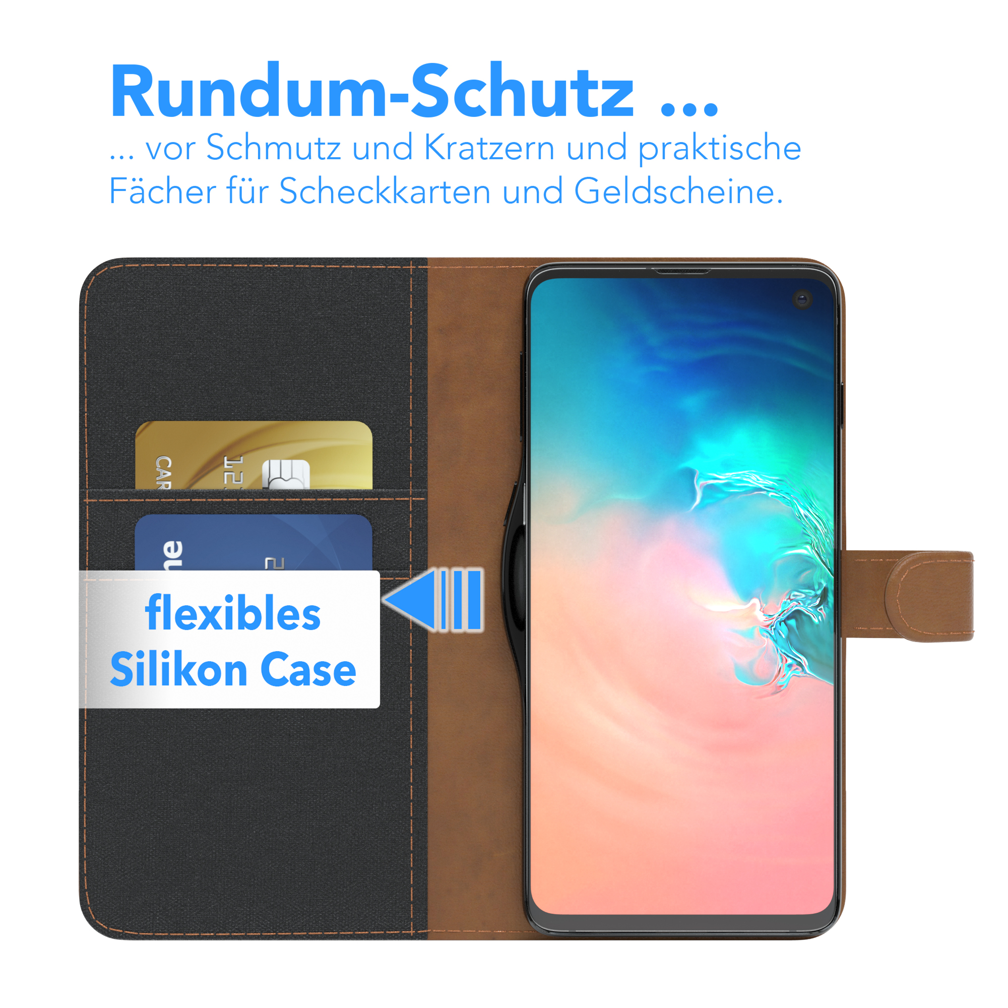 Geöffnete Handyhülle mit Karten und Telefon. Die Hülle ist offen und zeigt Karten und ein Telefon darin.