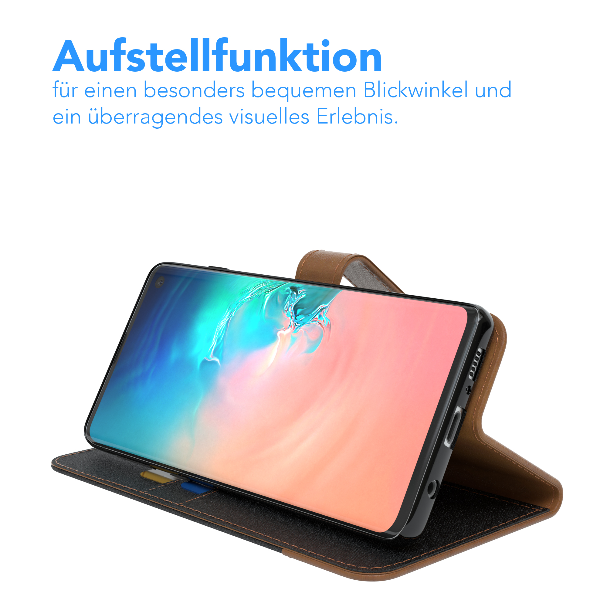 Telefon in einer braunen Hülle, offen. Das Telefon ist hochgeklappt. Karten sind in der Hülle.