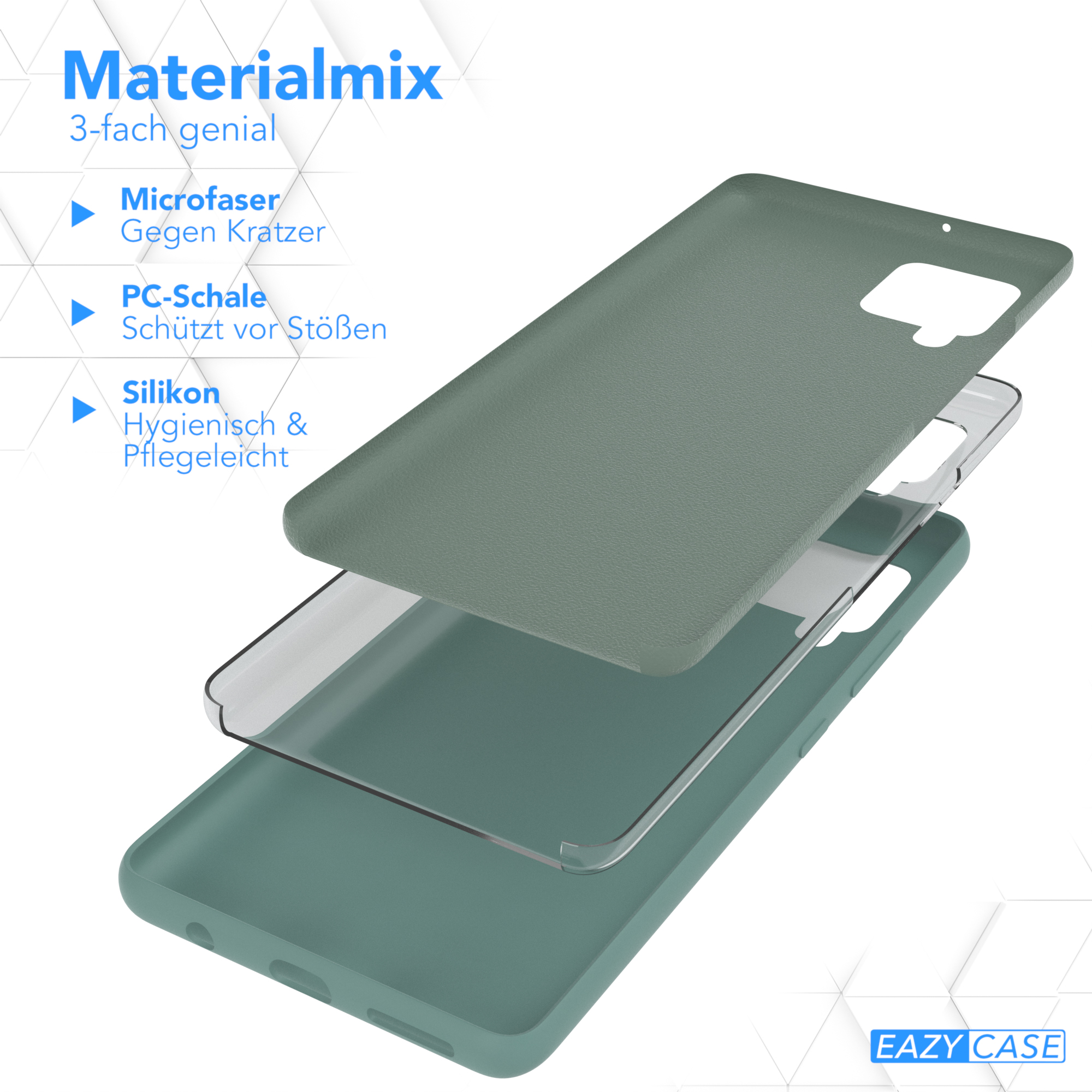 Schichten aus Handyhüllenmaterialien: Mikrofaser, PC-Schale und Silikon, mit Produkttext.