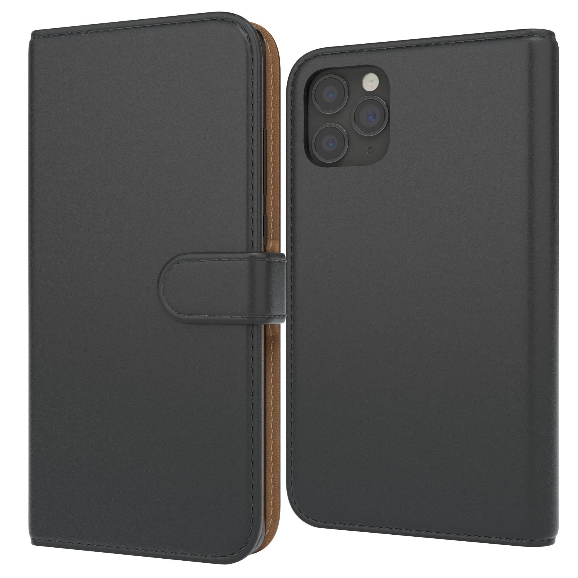 Schwarze Handyhülle, offen und geschlossen. Die offene Hülle zeigt ein Telefon.