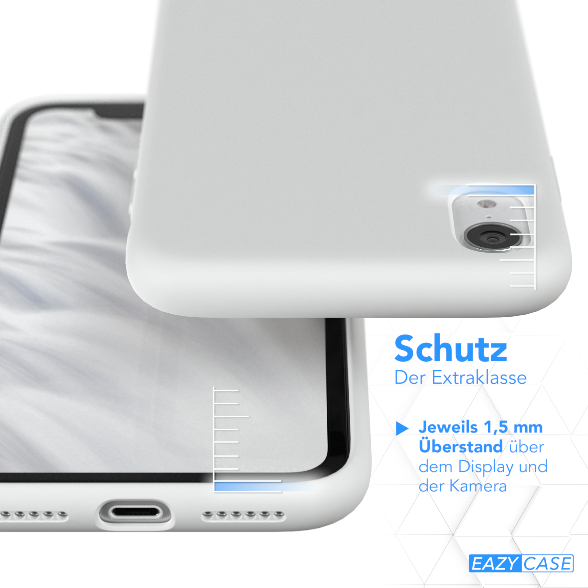 Weiße Handyhülle, mit Text über Schutz und Messmarken.