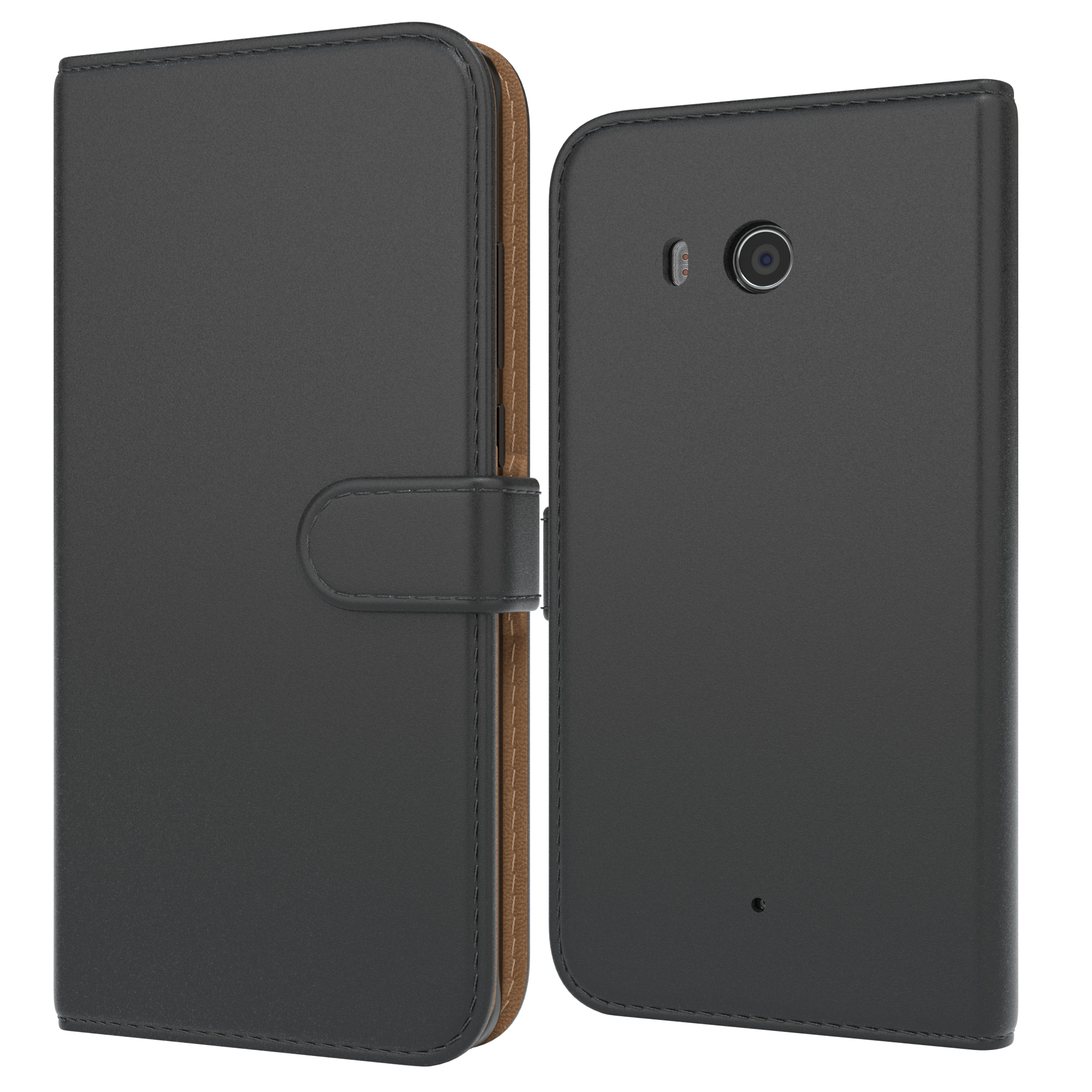 Geöffnete schwarze Handyhülle. Rechts ein Telefon, links die Abdeckung.