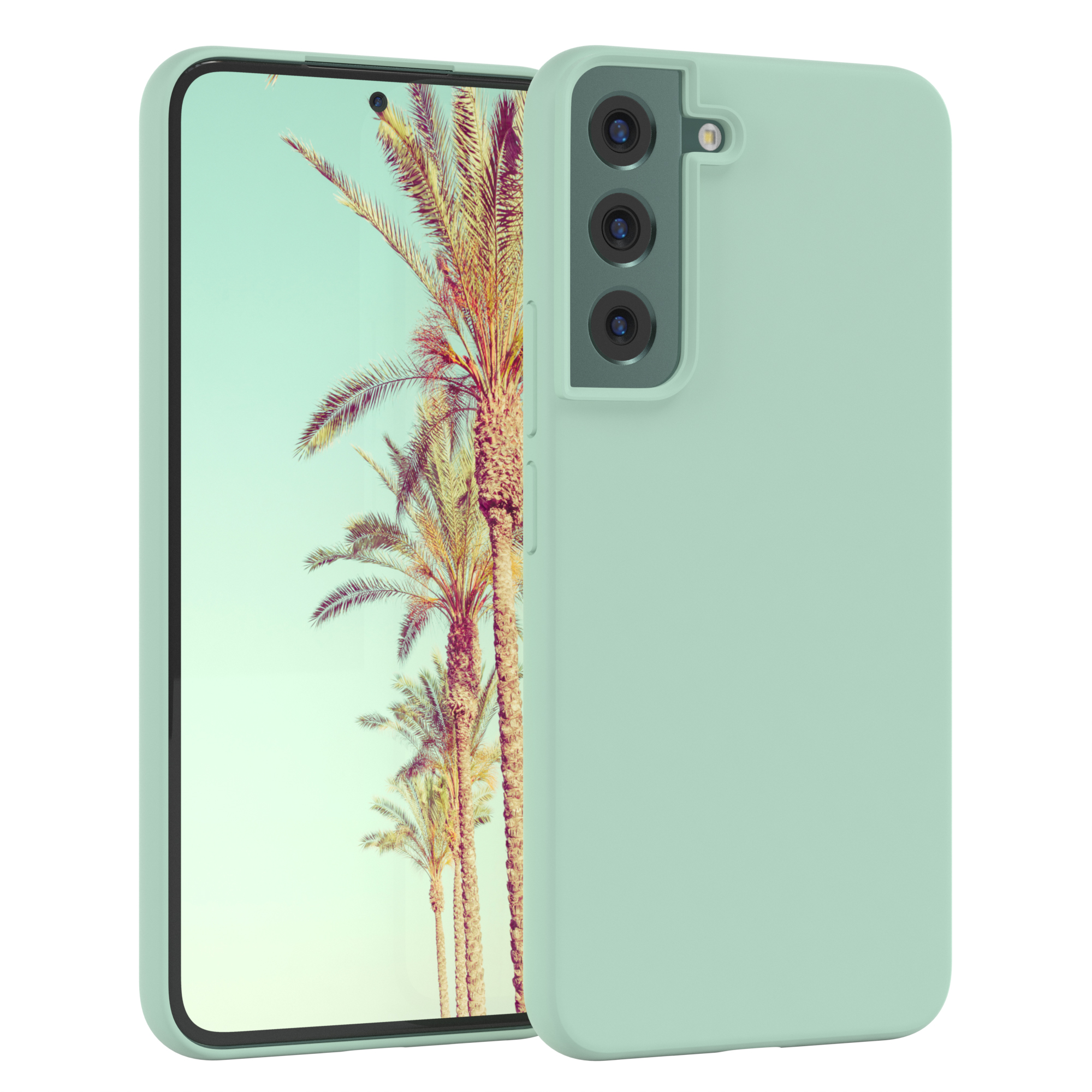 Telefon mit tealfarbener Hülle. Der Bildschirm zeigt eine Reihe von Palmen mit pastellfarbenem Himmel.