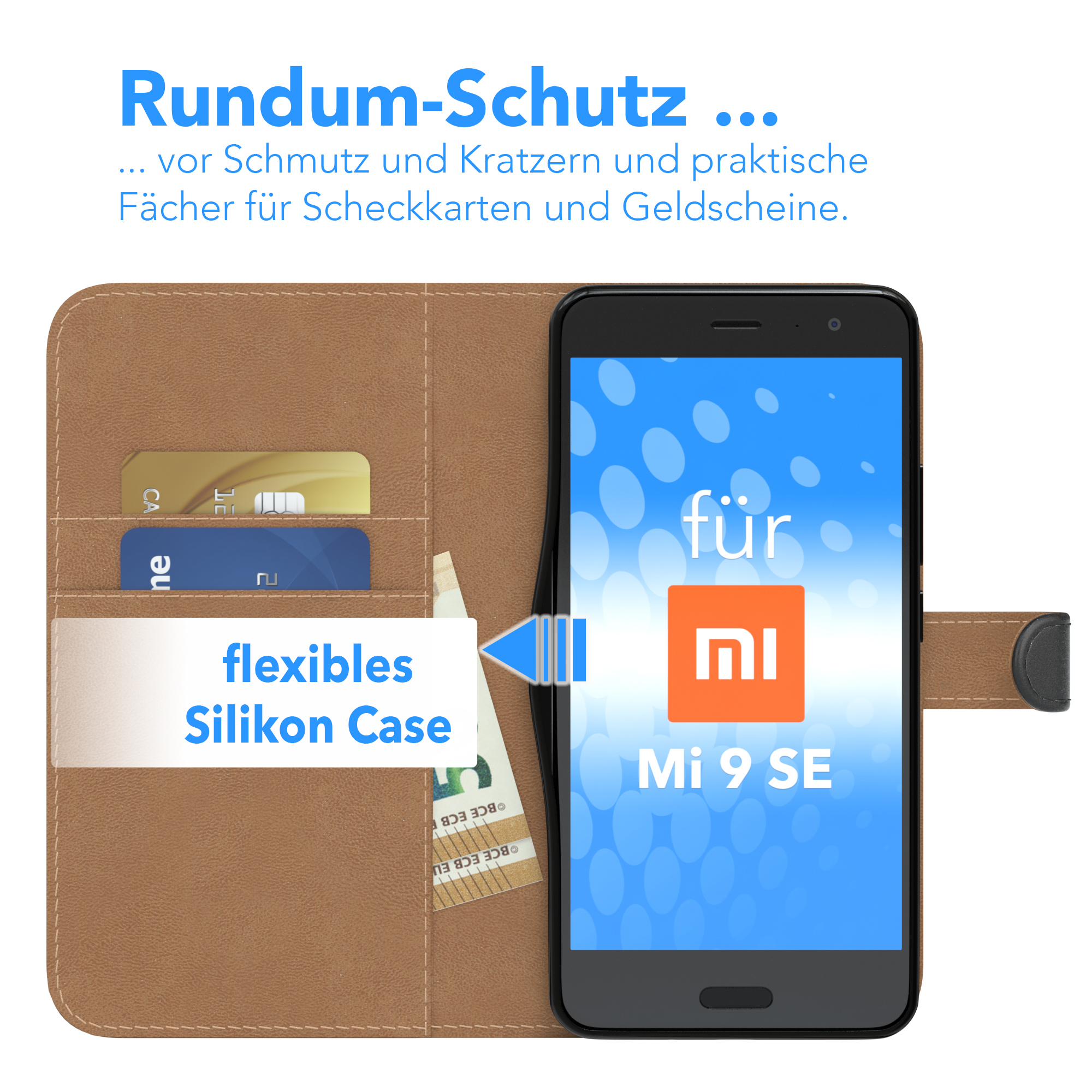 Xiaomi, SE, Bookstyle EAZY Klapphülle Schwarz CASE Kartenfach, mit Bookcover, 9 Mi