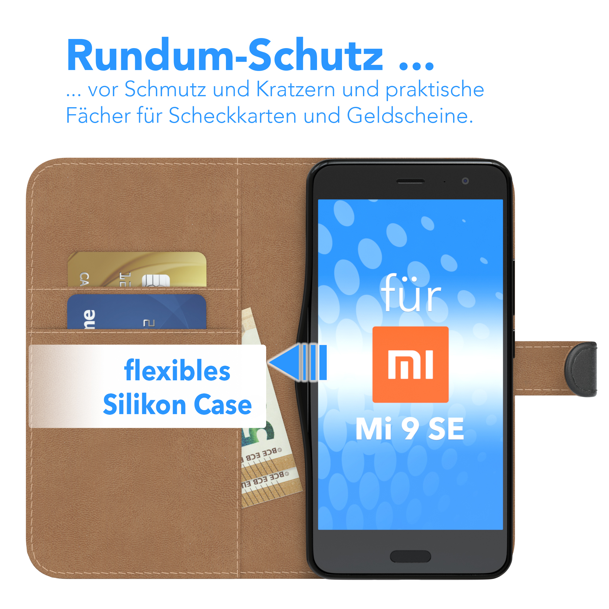 Telefon in einer Brieftaschenhülle mit sichtbaren Karten und Geld, sowie Text.