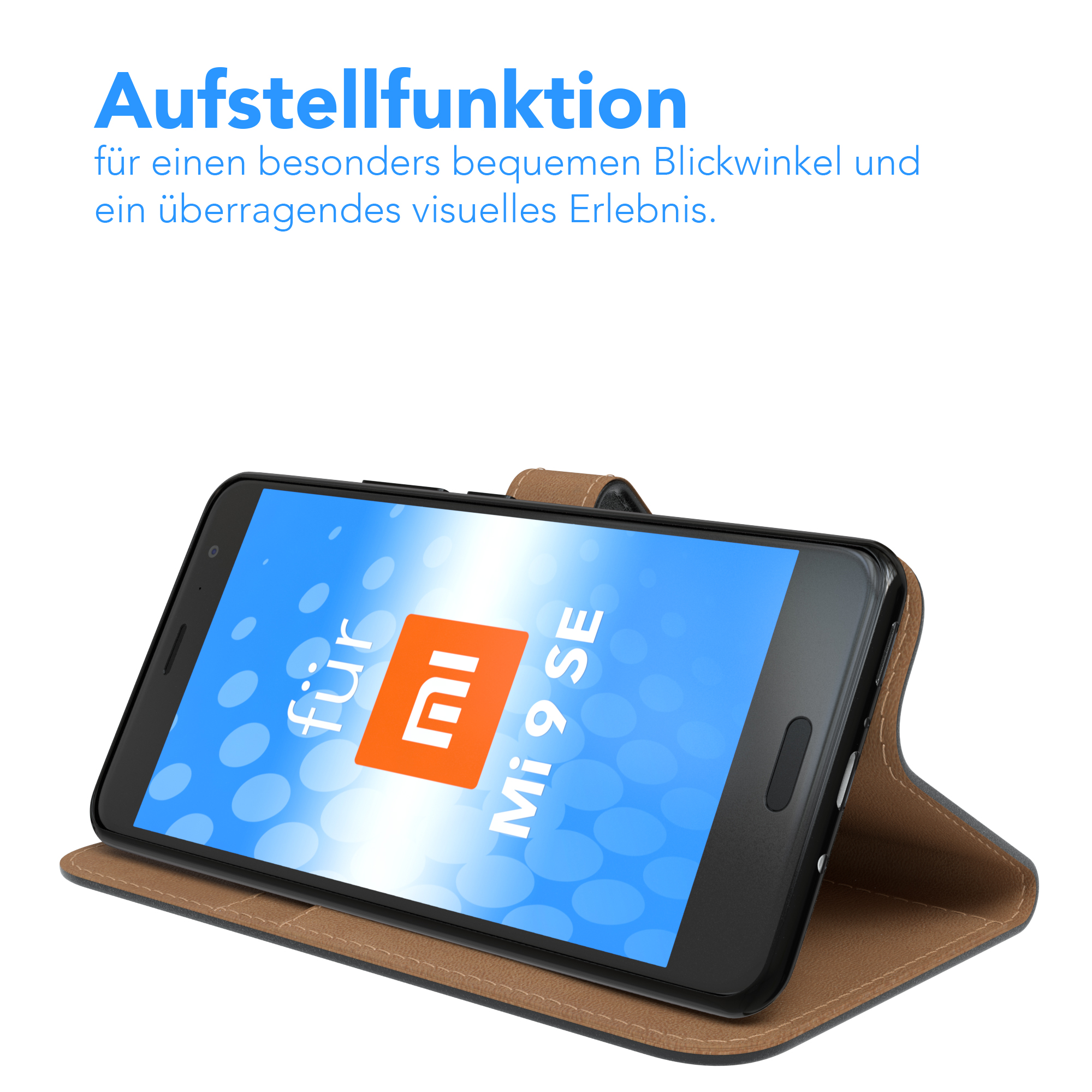 Geöffnete Handyhülle, Telefon zeigt orangefarbene Benutzeroberfläche. Braune Hülle, weißer Hintergrund.