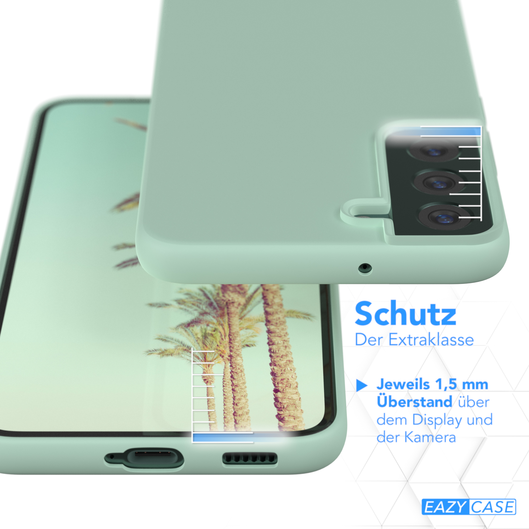 Ein türkisfarbenes Telefon in einer Hülle, das den Bildschirm zeigt, mit einem Lineal, das die Dicke anzeigt.