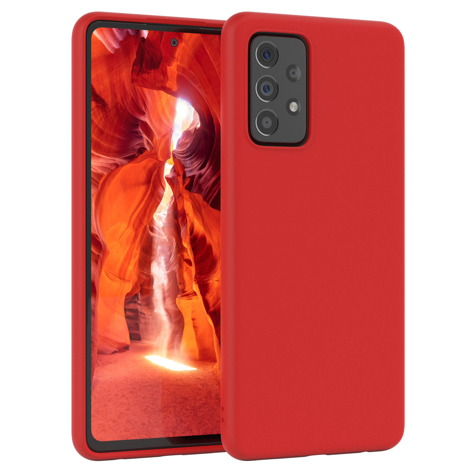 Rotes Telefon in roter Hülle. Telefon zeigt Canyon-Landschaft.