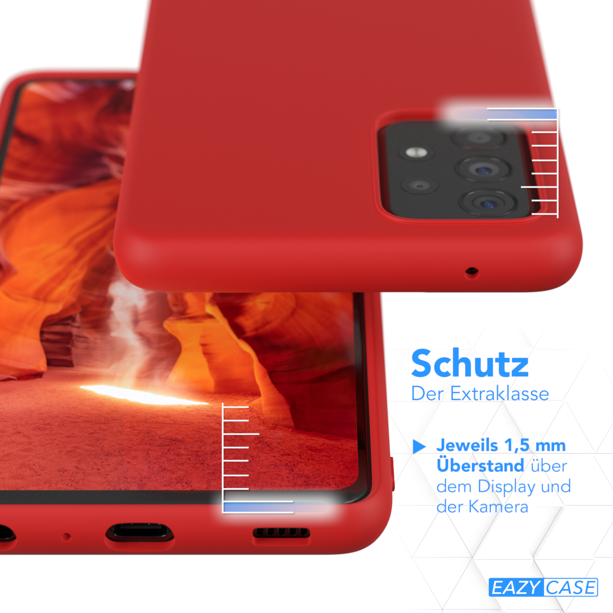 Rote Handyhülle, Text über Schutz und Messmarken.