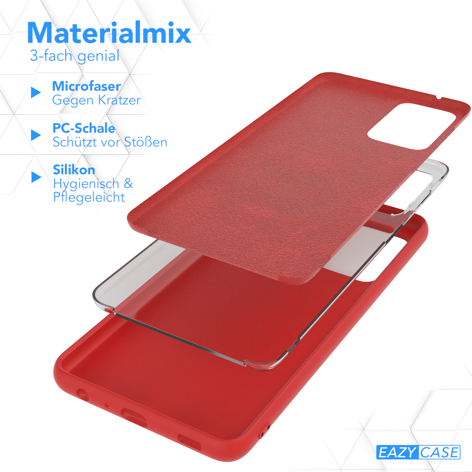 Eine Handyhülle mit drei Schichten. Text über den Materialmix.