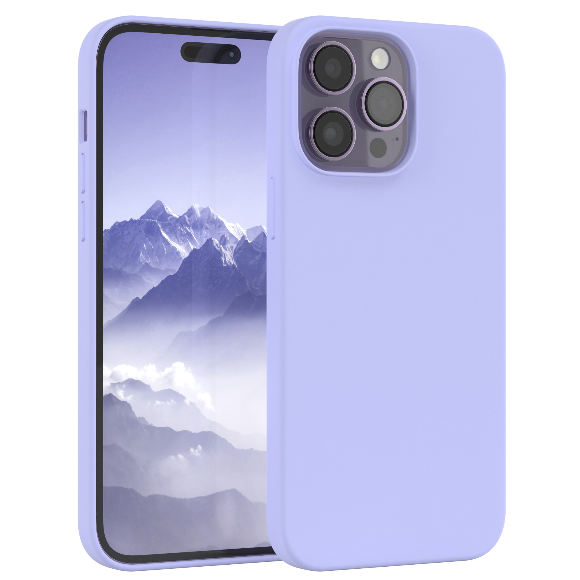 Ein lila Telefon mit Hülle auf weißem Hintergrund.