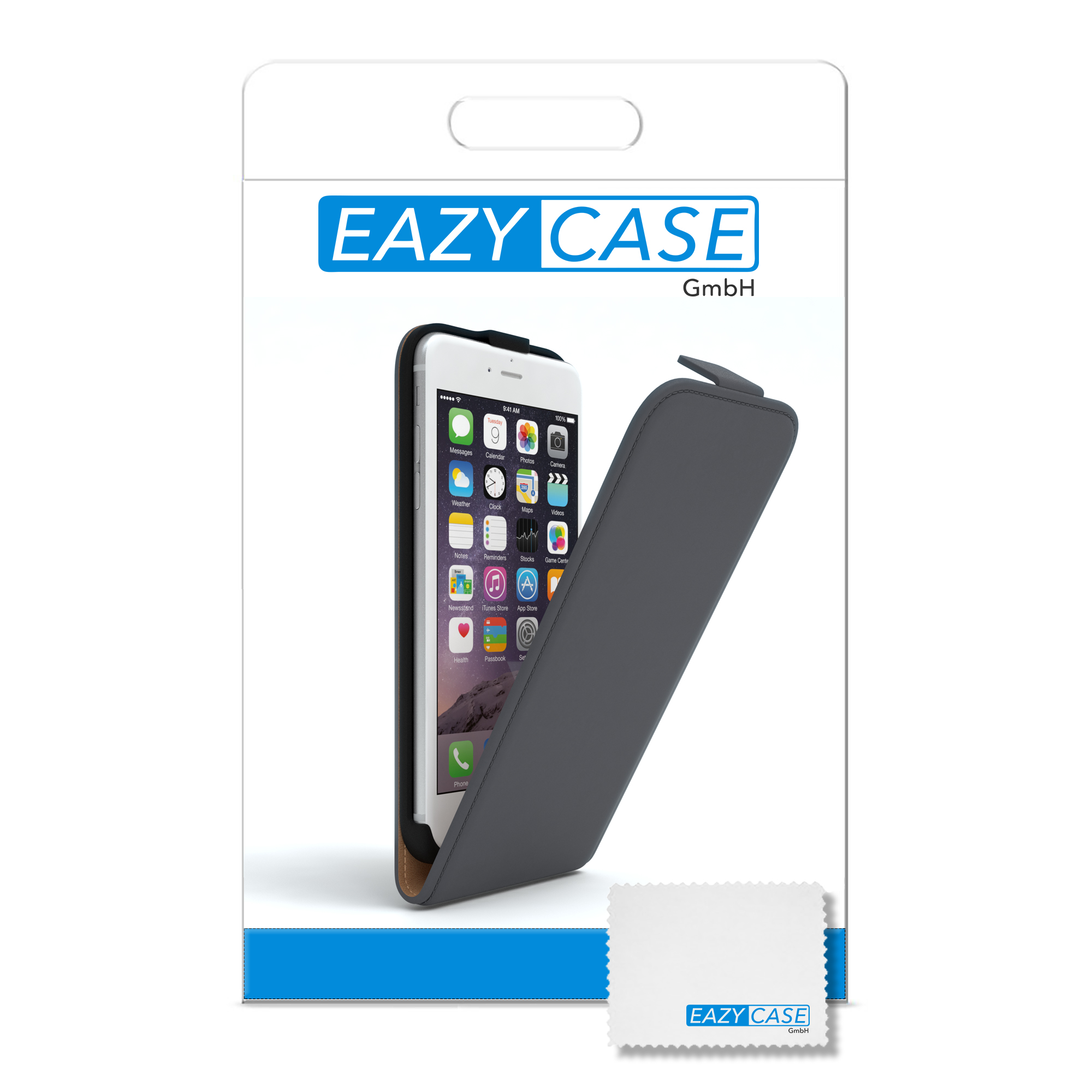 Telefon in grauer Gehäuseverpackung. EAZY CASE Markenname auf der Verpackung.