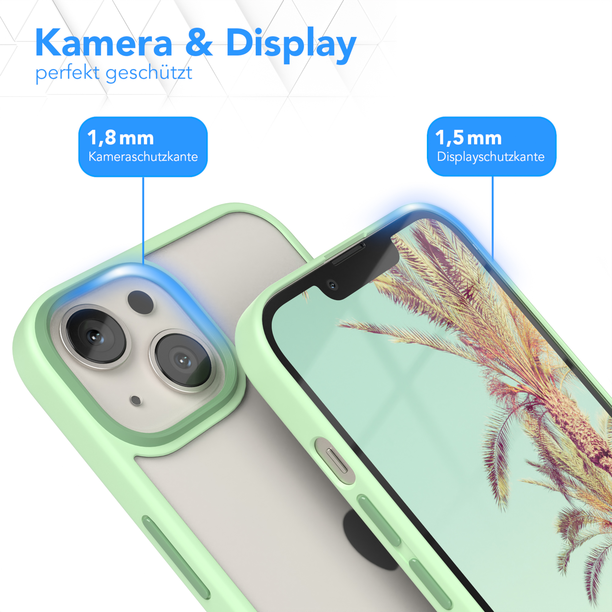Nahaufnahme einer Handyhülle mit Telefon darin. Grüne Hülle, Telefon im Hintergrund.