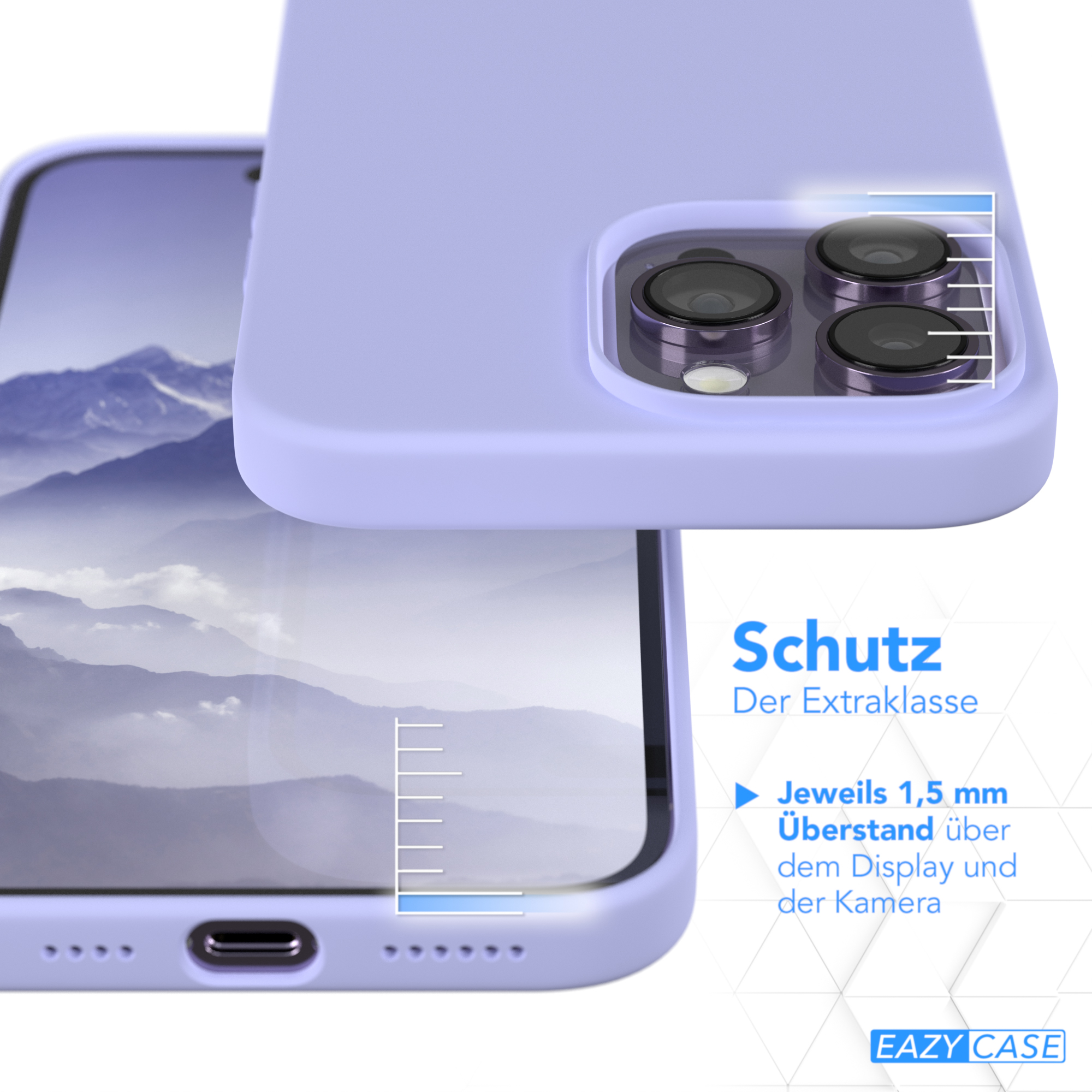 Lila Handyhülle mit einem Handy, das eine Berglandschaft zeigt. Text weist auf zusätzlichen Schutz für Display und Kamera hin.