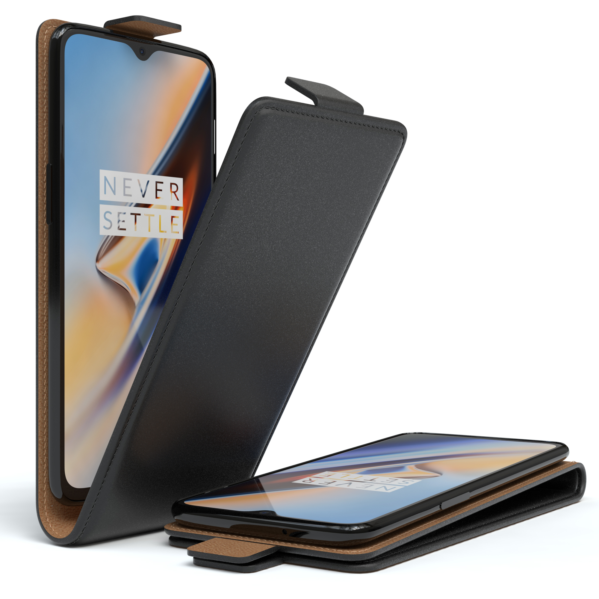 Schwarze und braune Handyhülle für ein Telefon. Das Telefon befindet sich in der Hülle und die Abdeckung ist geöffnet.