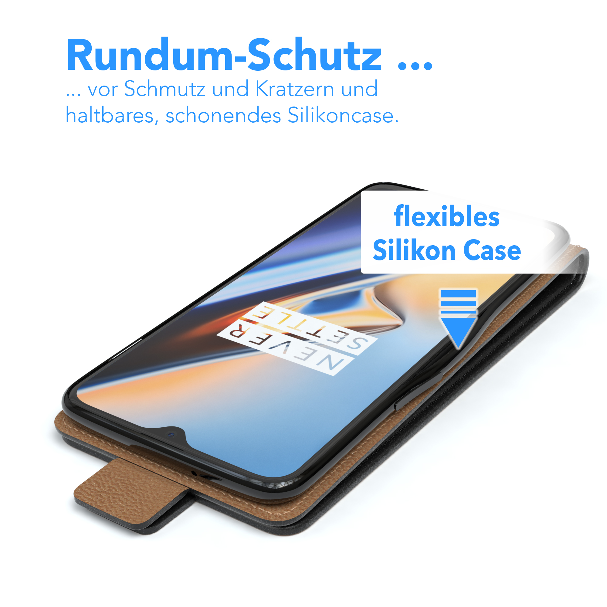 Eine Handyhülle mit einem Telefon darin. Das Telefon hat einen schwarzen Bildschirm, auf weißem Hintergrund. Text sagt 'flexibles Silikon'.