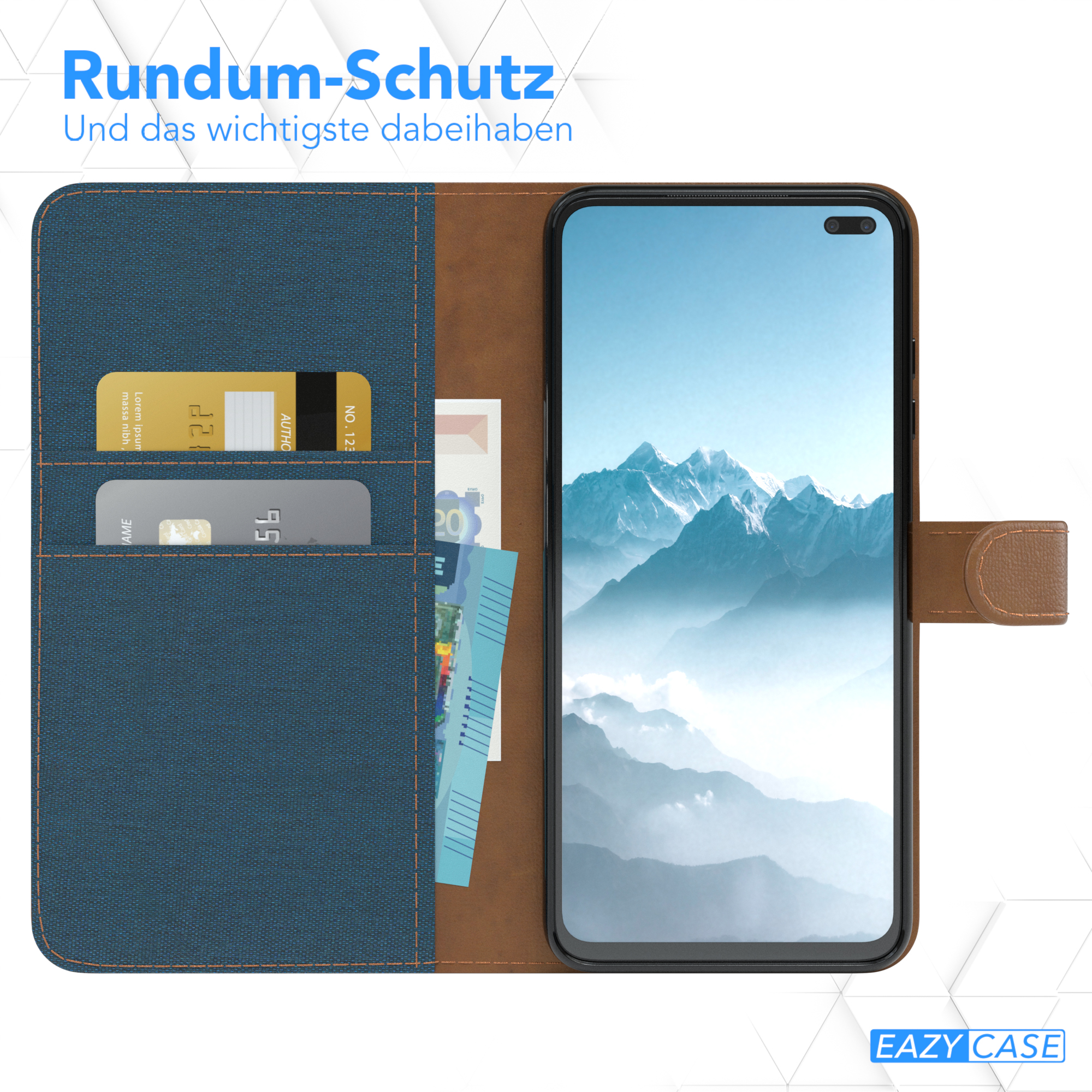 Blaue Handyhülle mit Karten und einem Telefon mit Venedig-Foto.