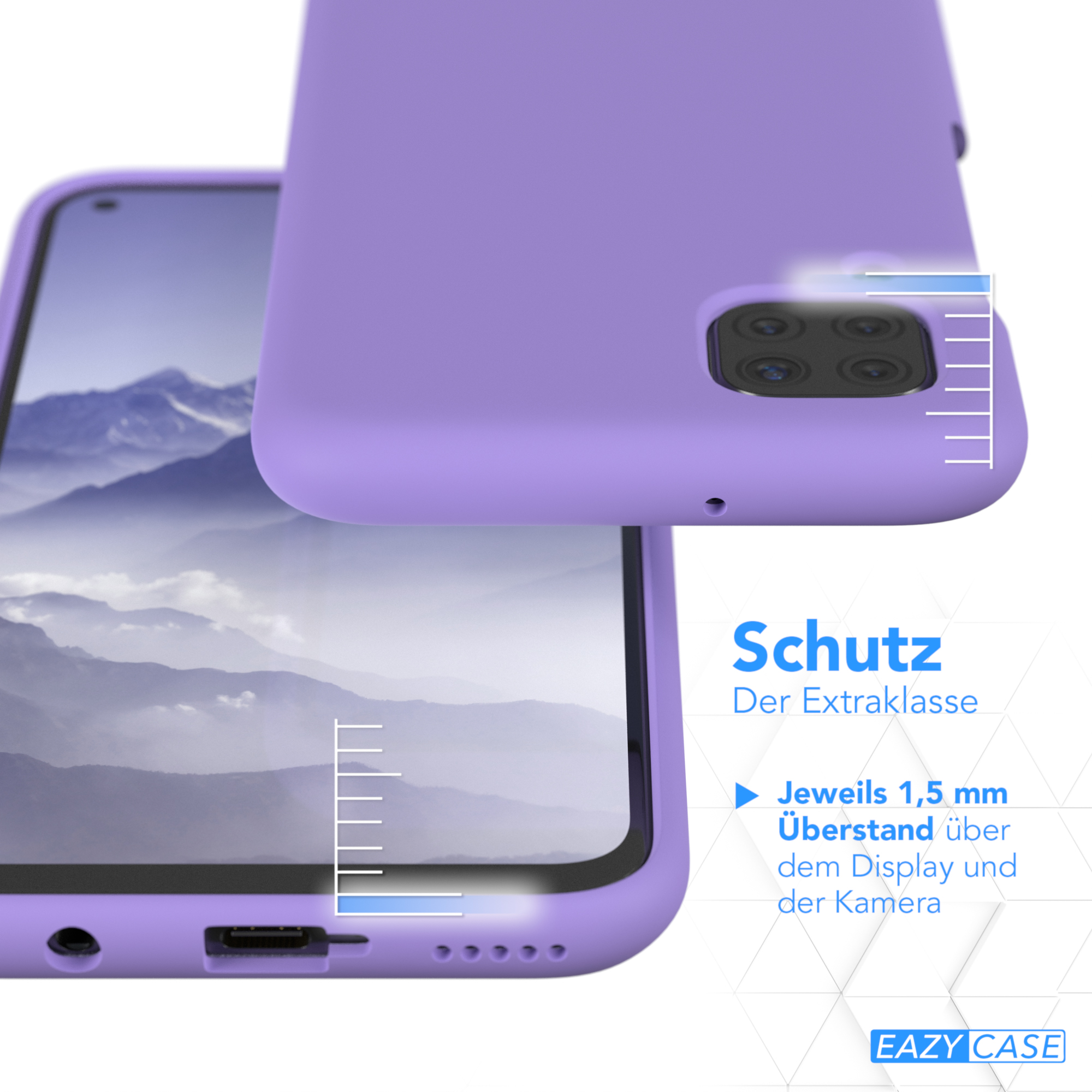 Eine lilafarbene Handyhülle und ein Telefon, die Hülle befindet sich über dem Telefon. Es gibt eine Schutzbeschreibung.