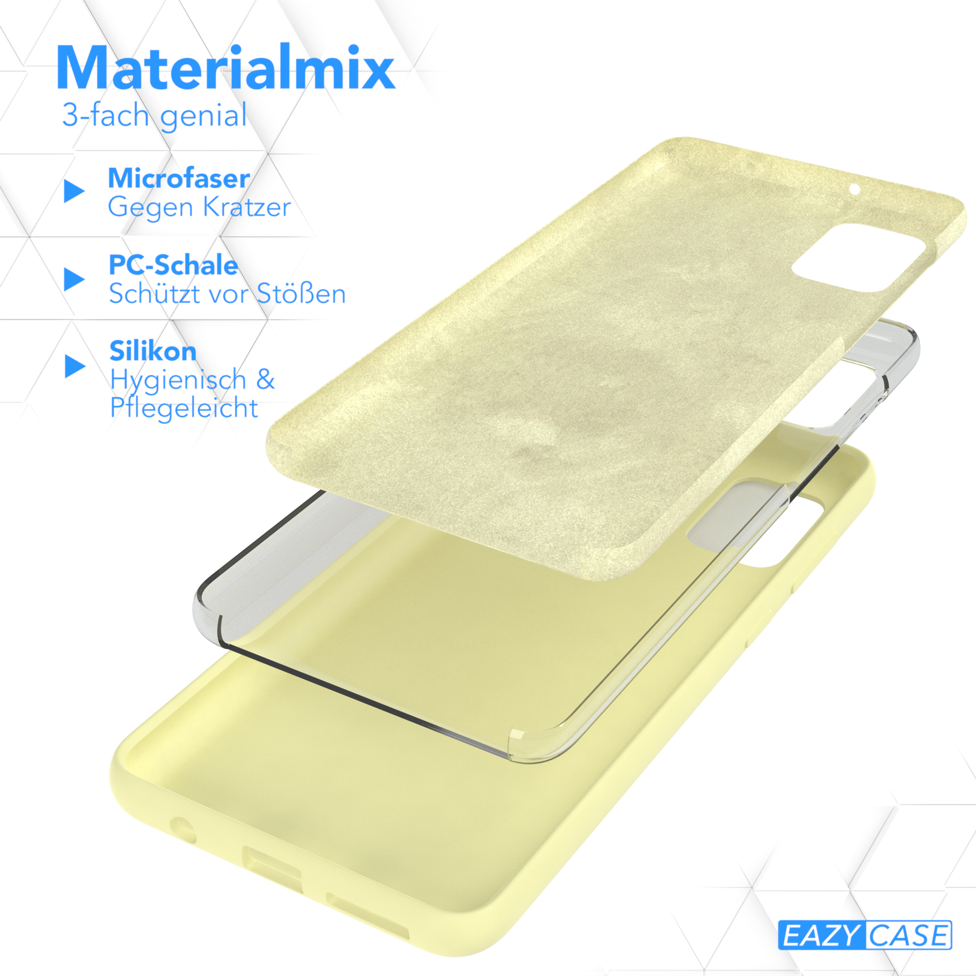 Zerlegte Handyhülle. Texte: Materialmix, Microfaser, PC-Schale, Silikon. Farben: Gelb.