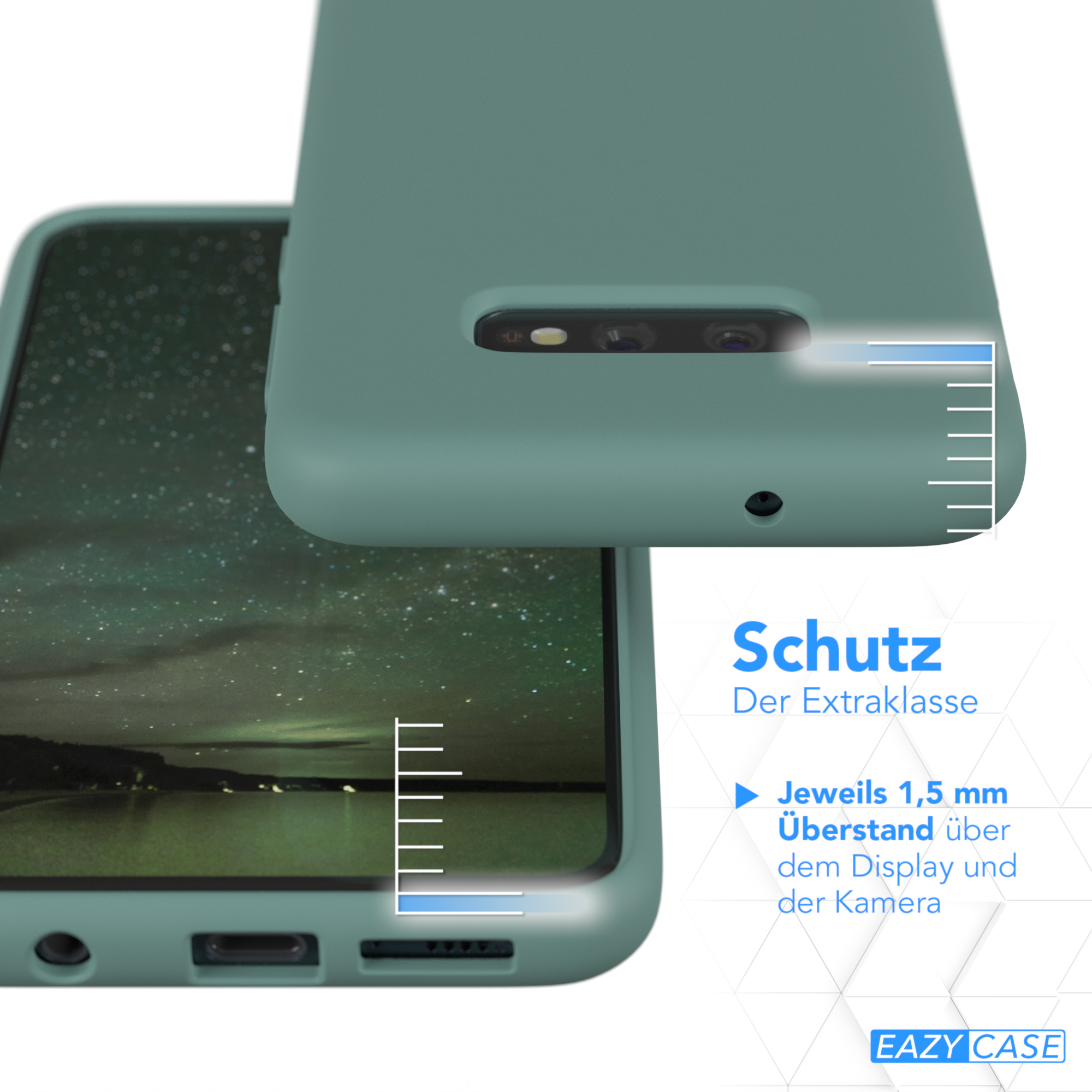 Nahaufnahme einer teal-farbenen Handyhülle auf einem Telefon. Text: Schutz.