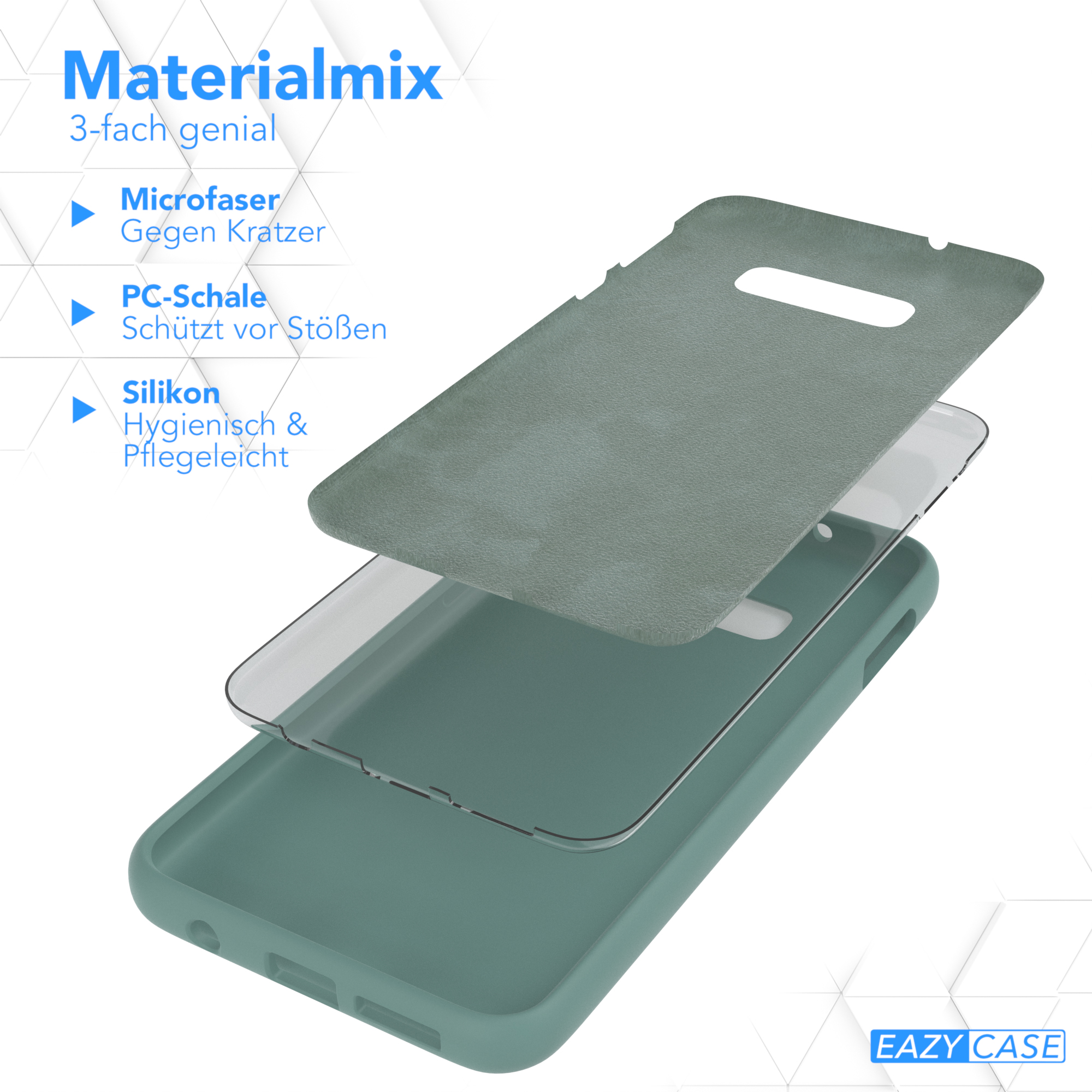 Dreischichtige Handyhüllen-Komponenten: Mikrofaser, PC-Schale und Silikon. Text: Materialmix, 3-fach genial.