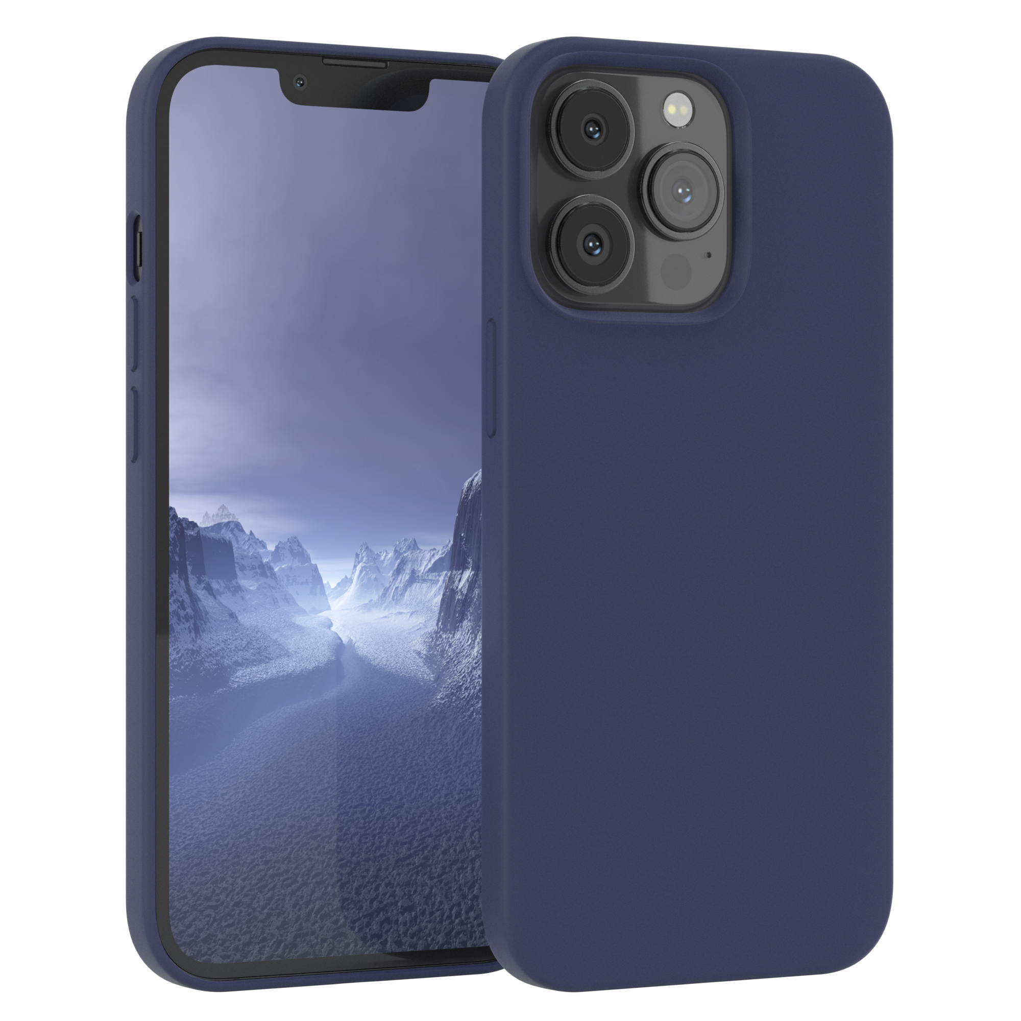 Dunkelblaue Handyhülle mit Telefon darin, das Kameramodul des Telefons zeigt.