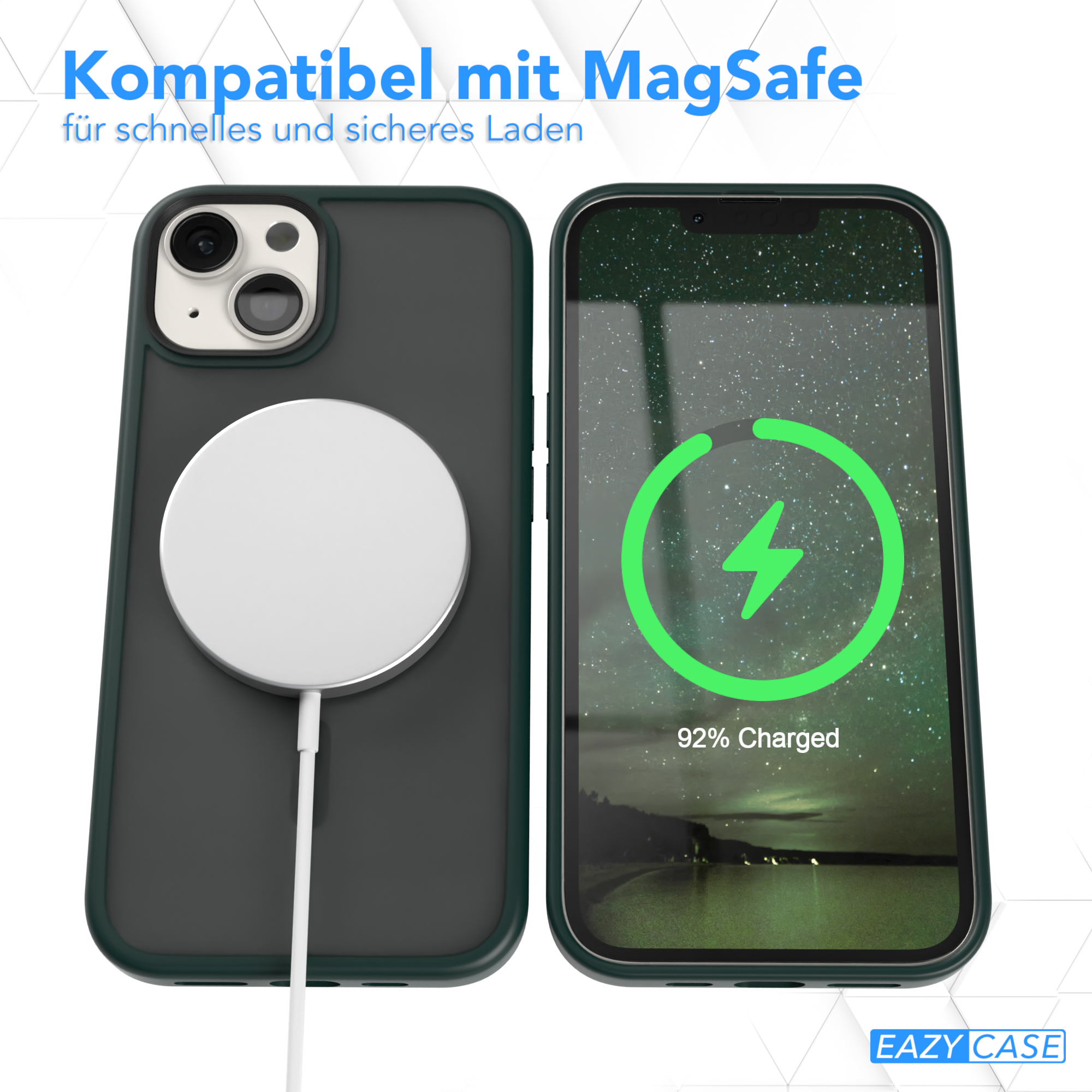 Zwei Telefone, eines in einem grünen Gehäuse und das andere mit einem weißen MagSafe-Ladegerät. Das grüne Telefon lädt.